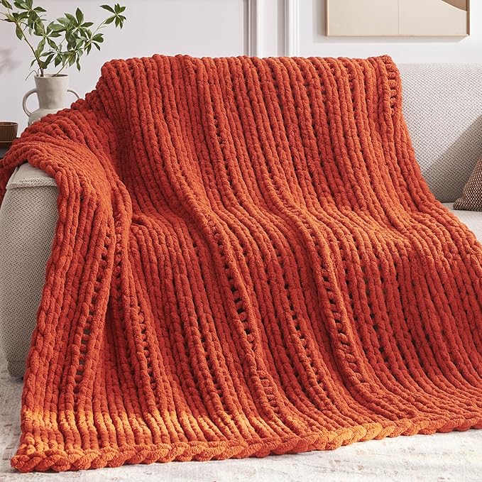 Negwoo Chunky Knit Throw Blanket, 80''*90'' Knitted Throw Chenille Yarn for Bed Couch, Handmade Orange Crochet Big Thick Blanket, Machine Washable Cute Comfy Blanket for Home Decor