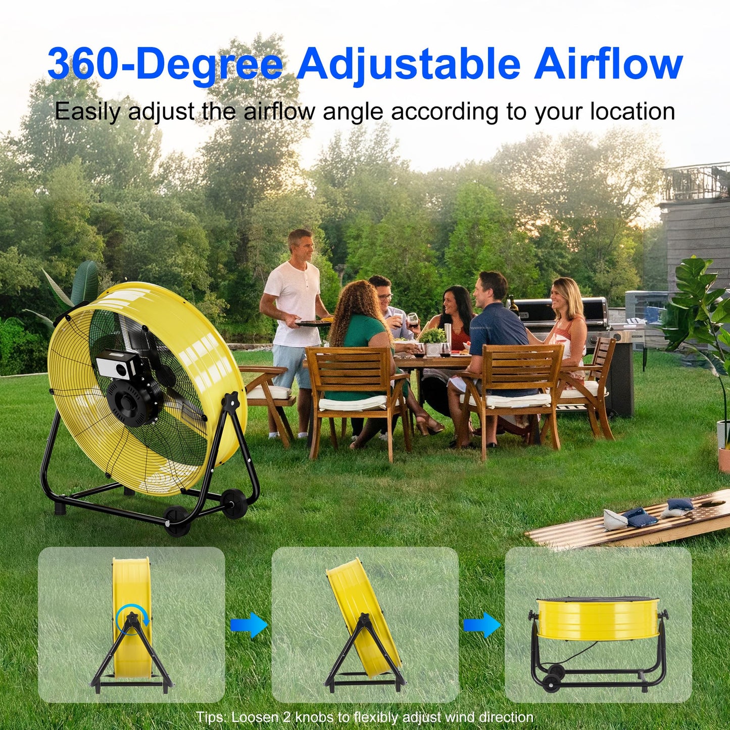 Uthfy 24 Inch High Velocity Industrial Fan, 8800CFM Heavy Duty Floor Drum Fan with 3 Speeds, 360° Tilt Metal Garage Fan with Wheels for Warehouse, Commercial, Workshop, Factory and Gym,Yellow