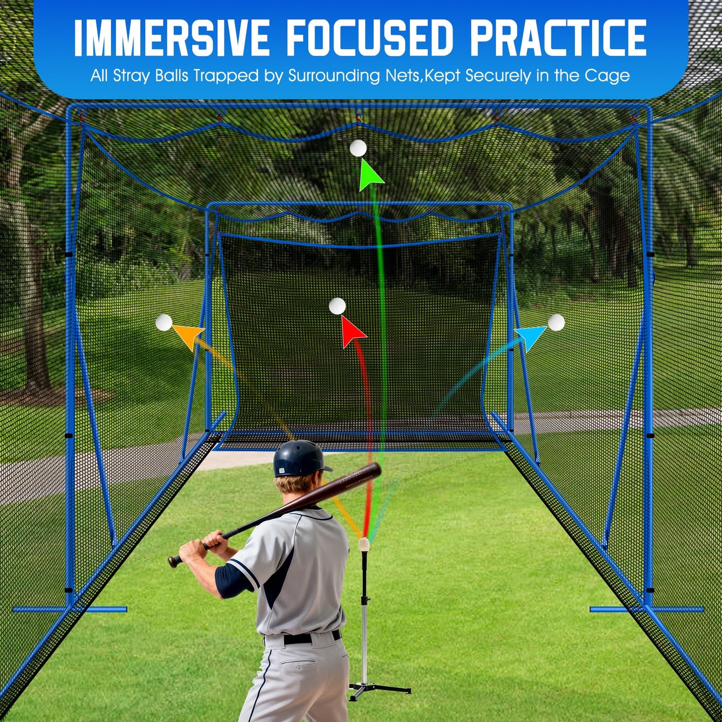 20ftx10ftx8ft Baseball Softball Cage with Hitting Net,Dual Sided 7-Ply Netting for Batting/Pitching/Fielding,Heavy-Duty Metal Frame and Windproof Ropes for Backyard Outdoor Indoor