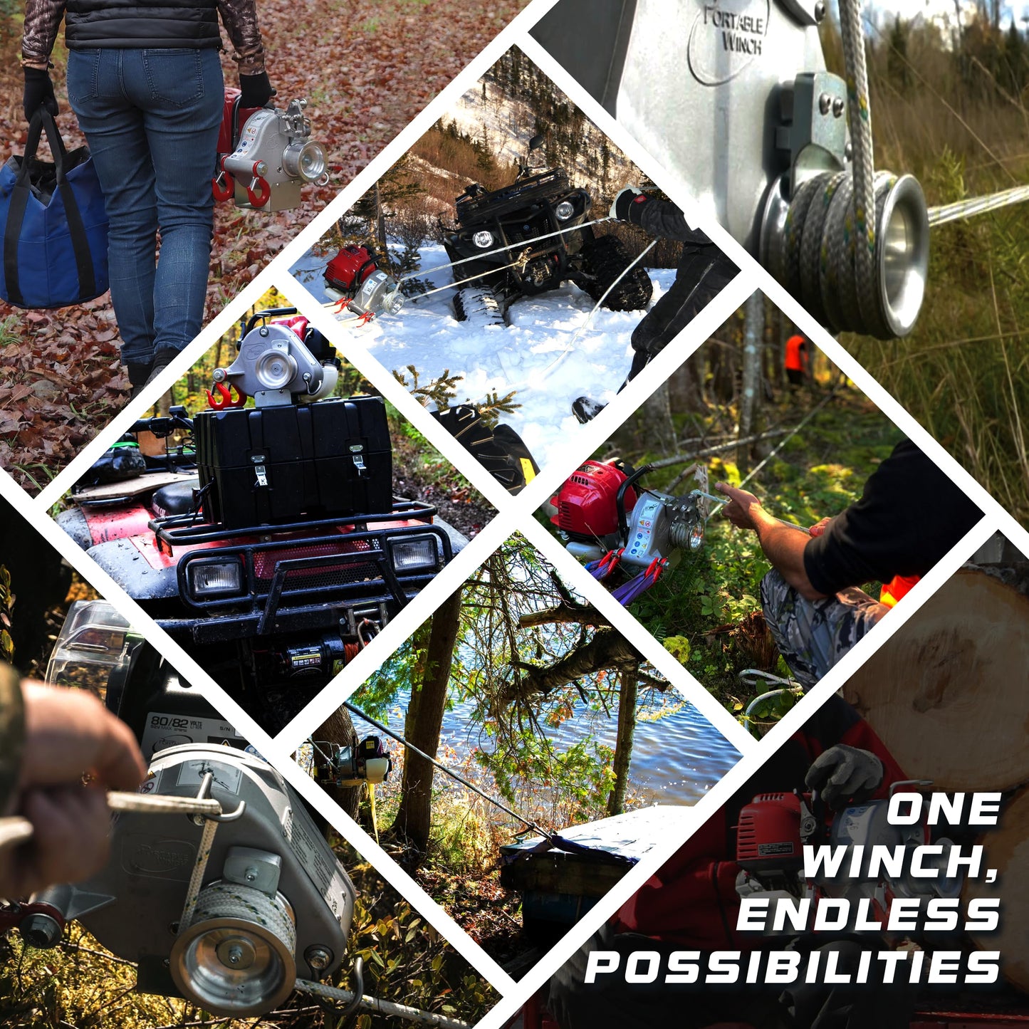 Portable Winch PCW4000 Gas Powered Capstan Winch, 2200 lb Pulling Force, Portable Honda GX50 Engine, Unlimited Rope Length for Hunting, Logging, and Towing