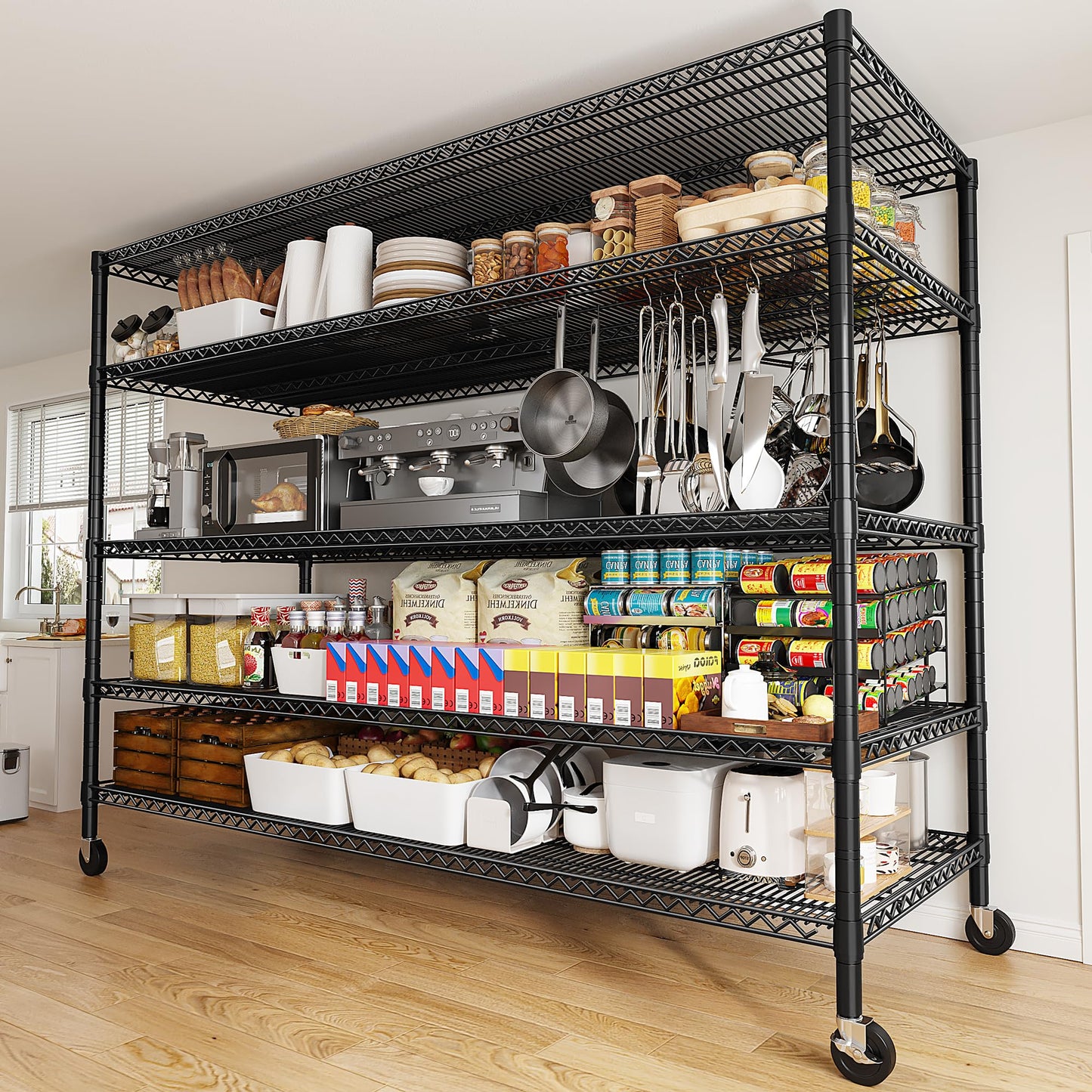 REIBII 85.7"H Garage Shelving 2998LBS Storage Shelves with Wheels&Feet,5 Tier Garage Shelves Heavy Duty Adjustable Wire Shelving for Basement Commercial Industrial Pantry, 85.7"H X 55.5"W X 24.2"D
