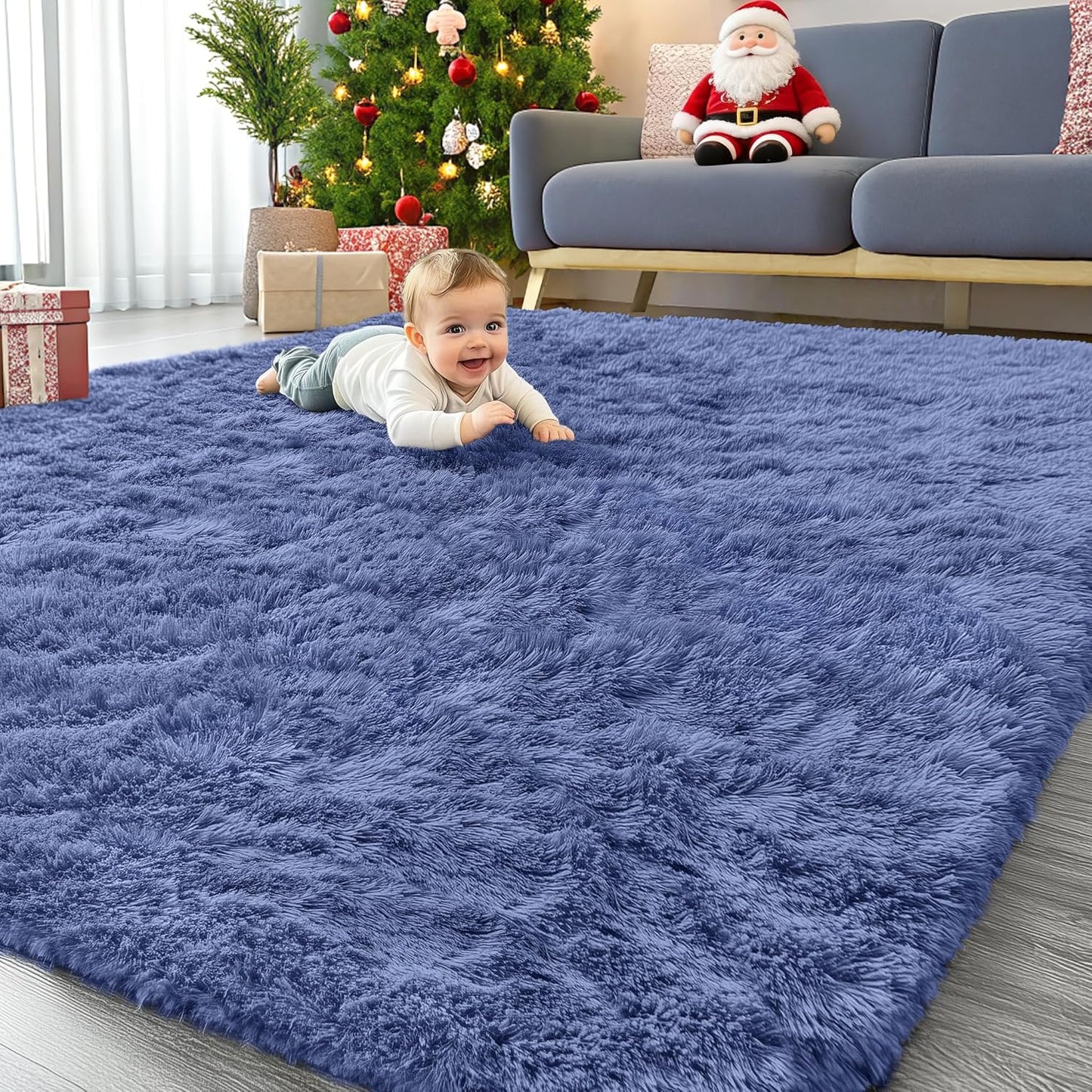 OLANLY Large Area Rug - Soft Fluffy Shaggy Indoor Carpet for Living Room & Bedroom | Denim Blue, 8x10 ft
