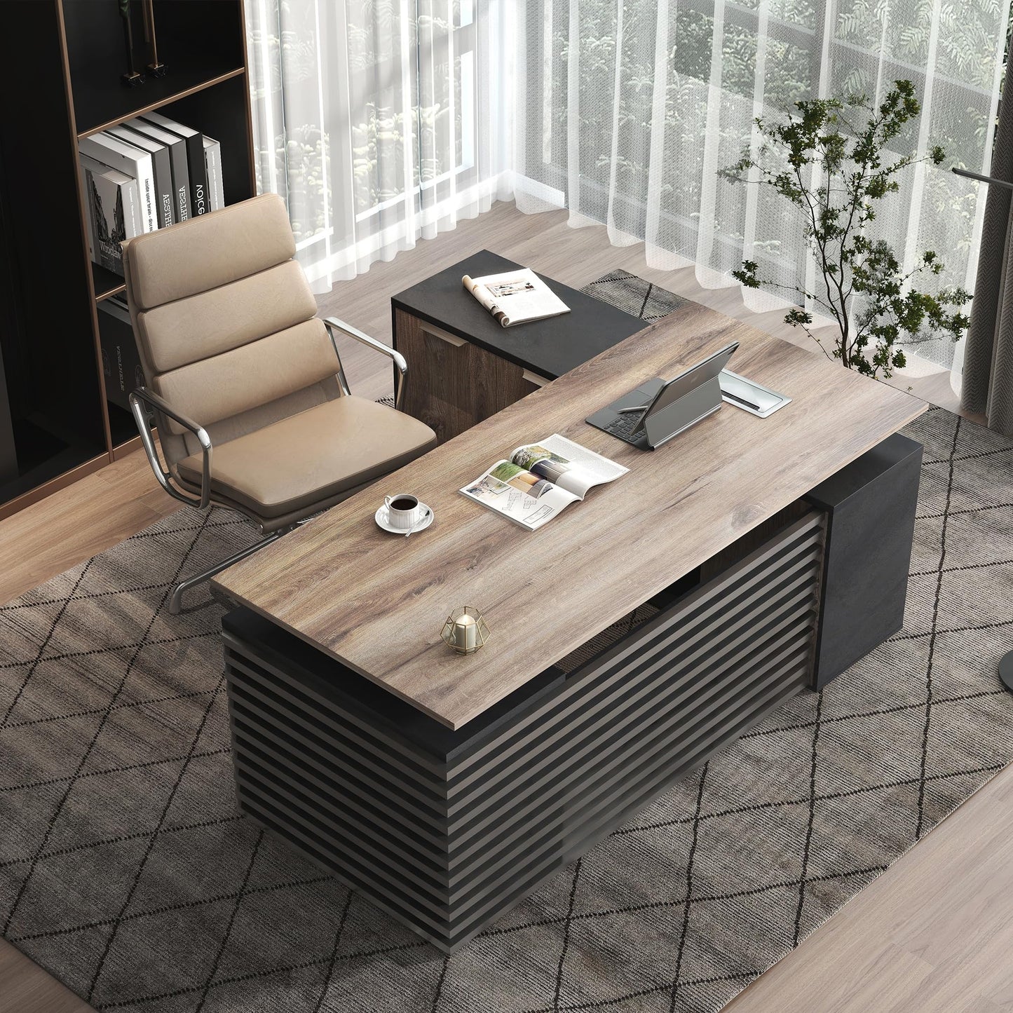 70.87IN Adjustable Heigh L Shaped Executive Desk with Drawers, Modern Executive Standing Home Office Desk w/Universal Charging Ports, Large Business Workstation w/Cord Management,Black and Warm Oak