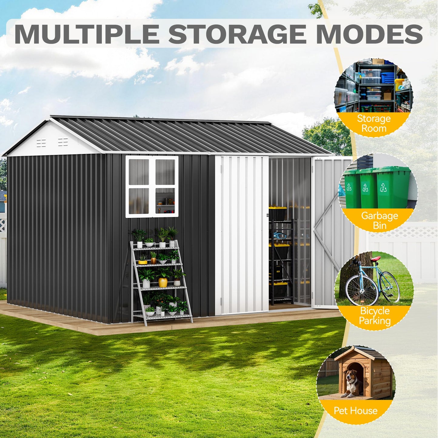 DWVO 10x8ft Large Tool Storage Shed with Window, Lockable Doors, and Sloped Roof, Oversized Steel Outdoor Storage Shed for Garden, Patio, Garage, Backyard, Lawn - Gray & White