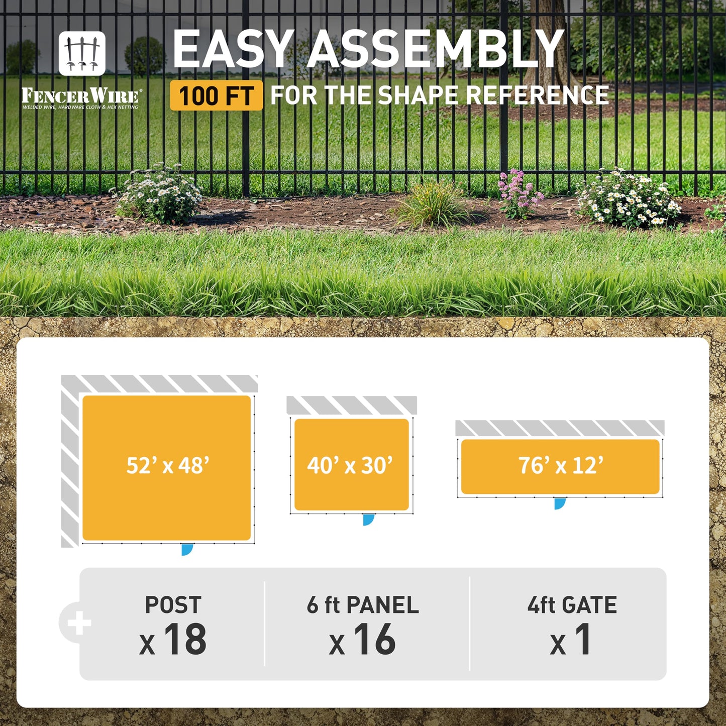 Fencer Wire 100FT Heavy Duty Flat Top Fence Barrier Kit, Anti-Rust Metal Steel Fence with 6FT Height X 6FT Width Panels, with Decorative Gate, Posts, Connectors, Outdoor Fencing for Yard
