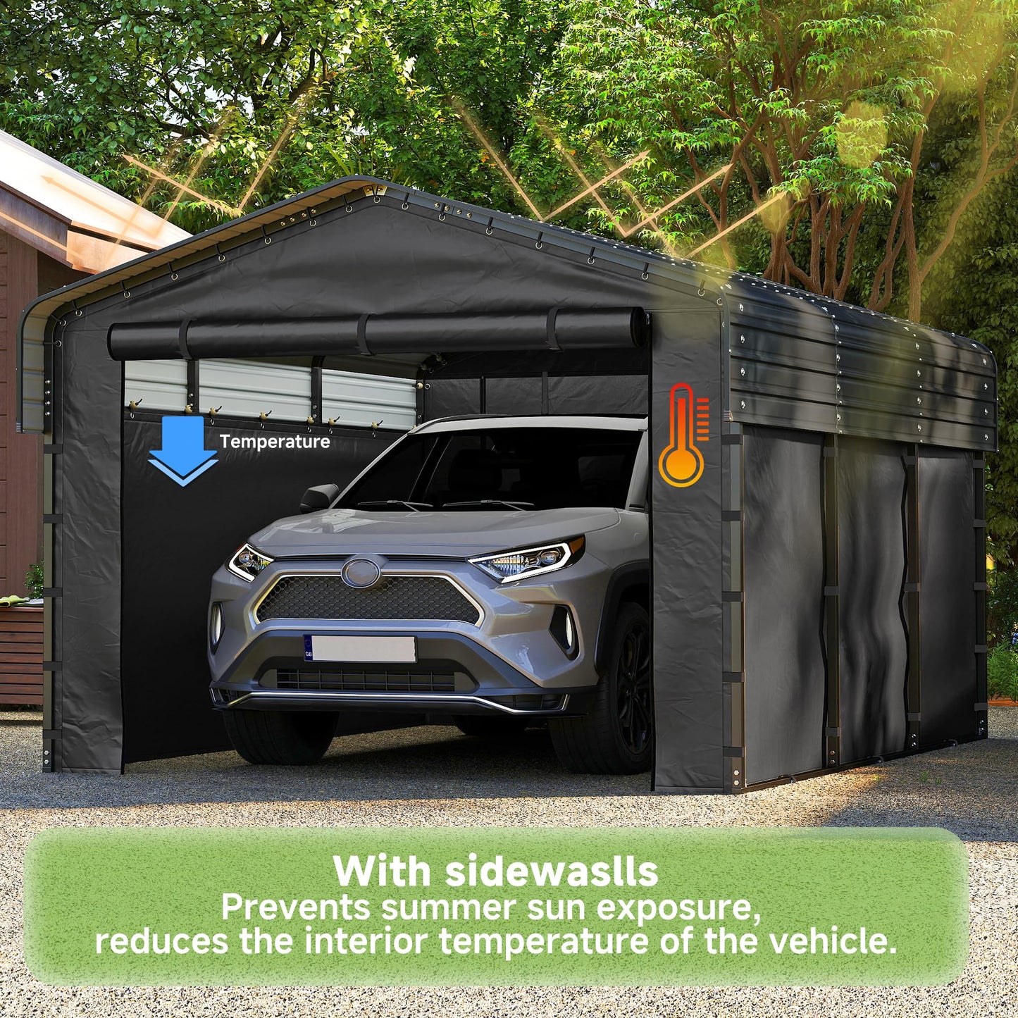 10x15FT Heavy Duty Metal Carport,Outdoor Garage with Removable Sidewalls & Doors, Heavy Duty Steel Frame and Galvanized Roof for Cars and Boats, Gray