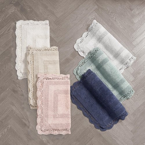 Laura Ashley Absorbent Bath Mat Reversible Crochet Soft and Plush Bathroom Mat 100% Cotton 24x40 Bath Rug, Linen