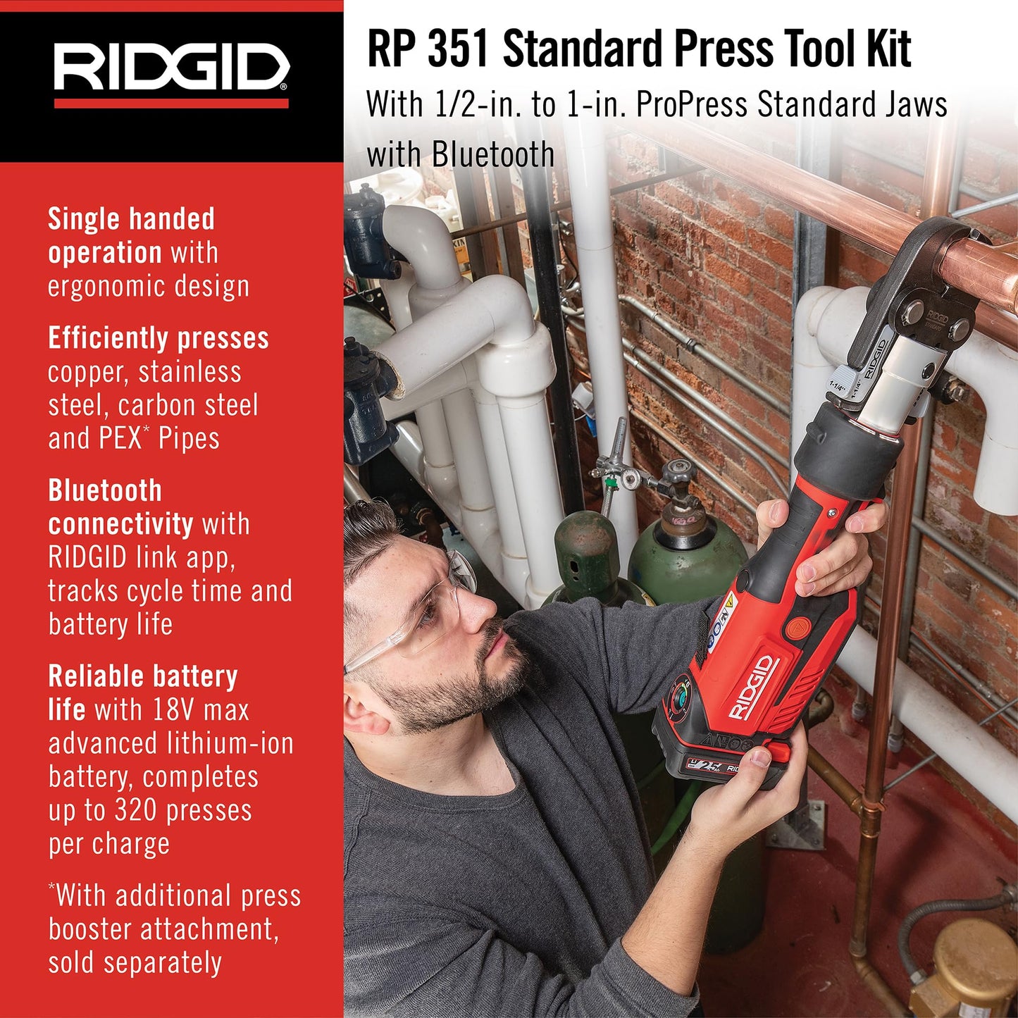 RIDGID 67183 Model RP 351 ProPress Standard Press Tool Kit with Battery, Charger, 1/2" to 1" Press Tool Jaws, and Carrying Case