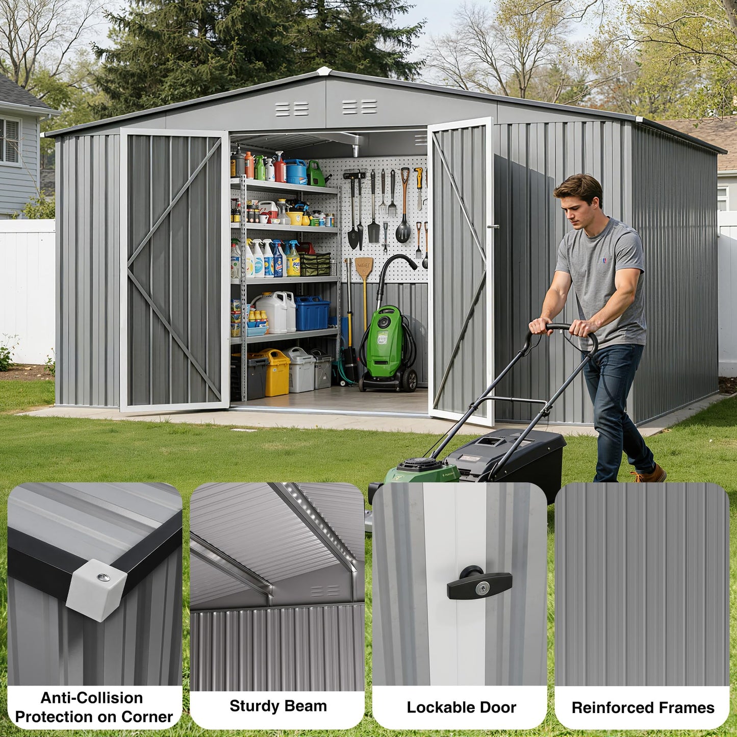 12 x 10FT Sheds & Outdoor Storage, Grey Metal Waterproof Storage Shed with Door and Lock Outdoor Shed,All-Weather Shelter for Bike, Gardening Tools, Lawn Mowers