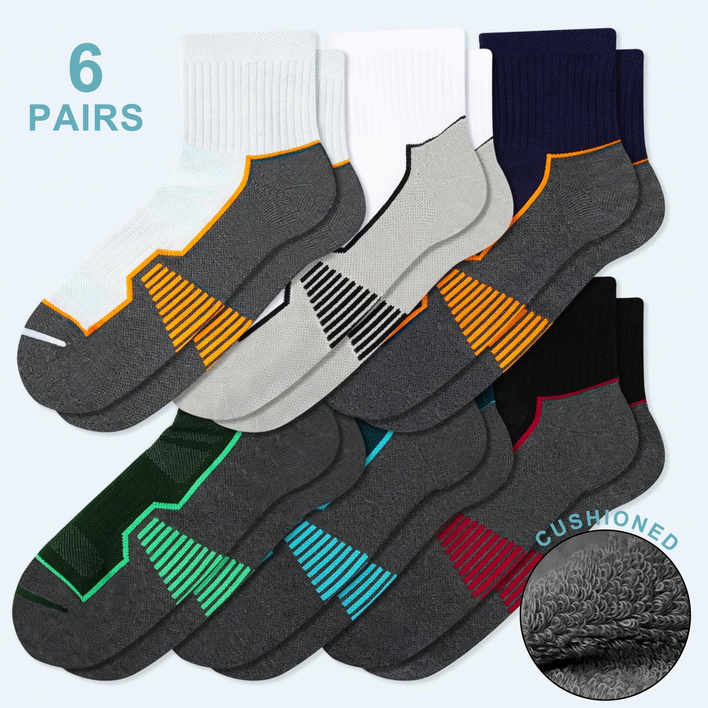 Horuru Mens Cushioned Ankle Running Socks, Moisture Wicking Athletic Quarter Hiking Socks for Work Gym Sports 6 Pairs