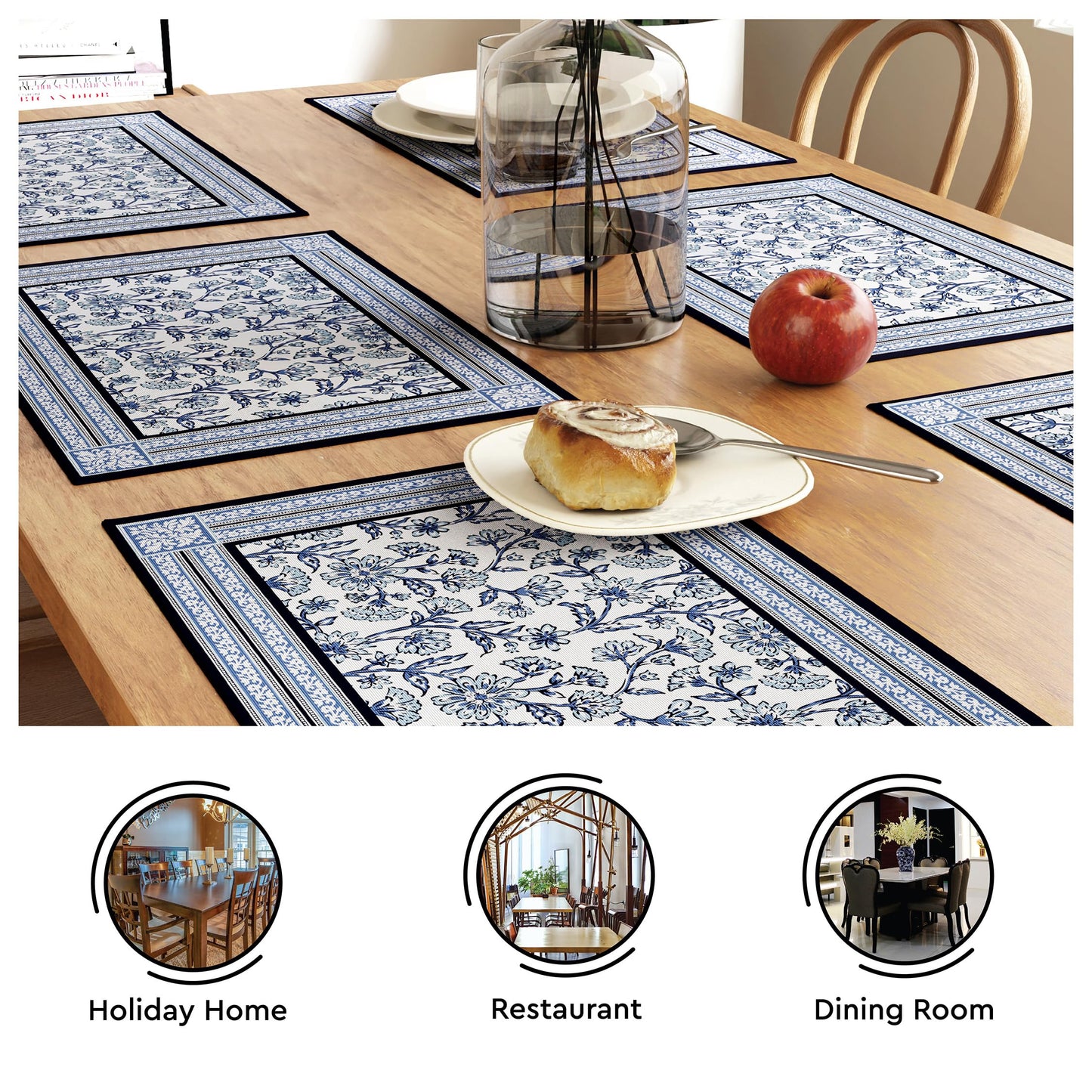 Encasa XO Dining Table Mats Set of 6 | Indigo-02 Block Printed Cotton Canvas Placemat - 18x13 in | Jaipur Sanganeri Hand Print