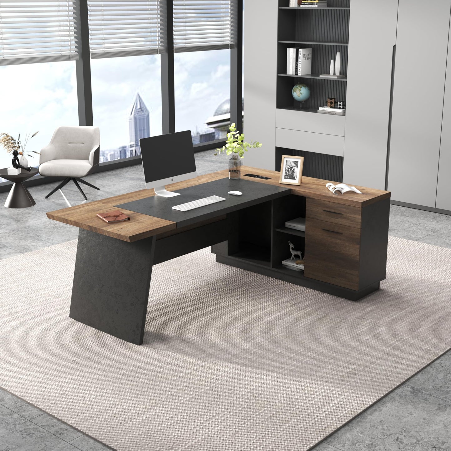 SAINTCY L-Shaped Executive Desk, 78.74 Inches Large Office Desk, Modern Computer Table Set with Drawers & Storage Shelves, Business Workstation for Home Office, Right Return