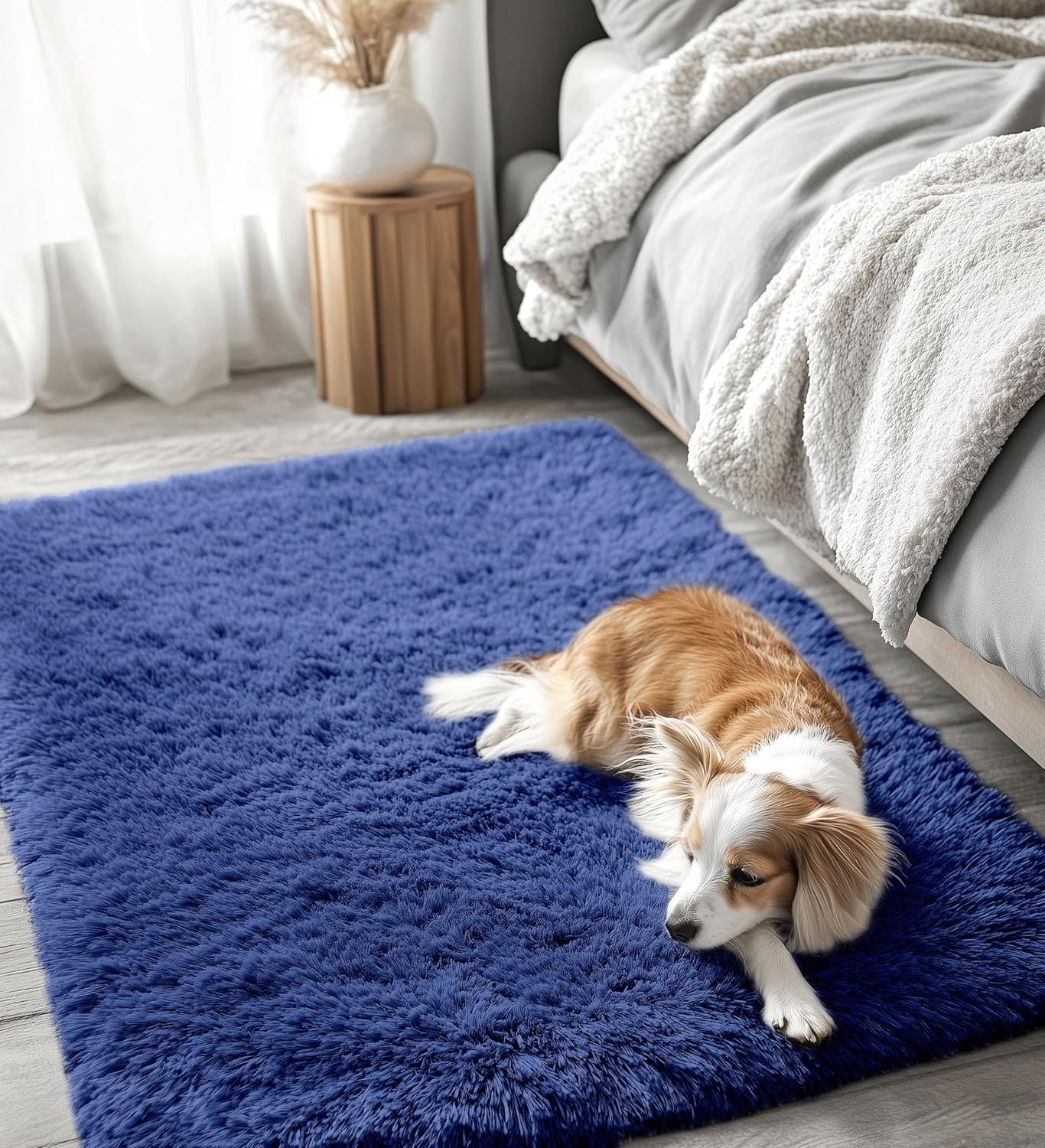 OLANLY Soft Fluffy Shaggy 3x5 Bedside Rug - Machine Washable Indoor Carpet for Kids & Nursery | Navy Blue