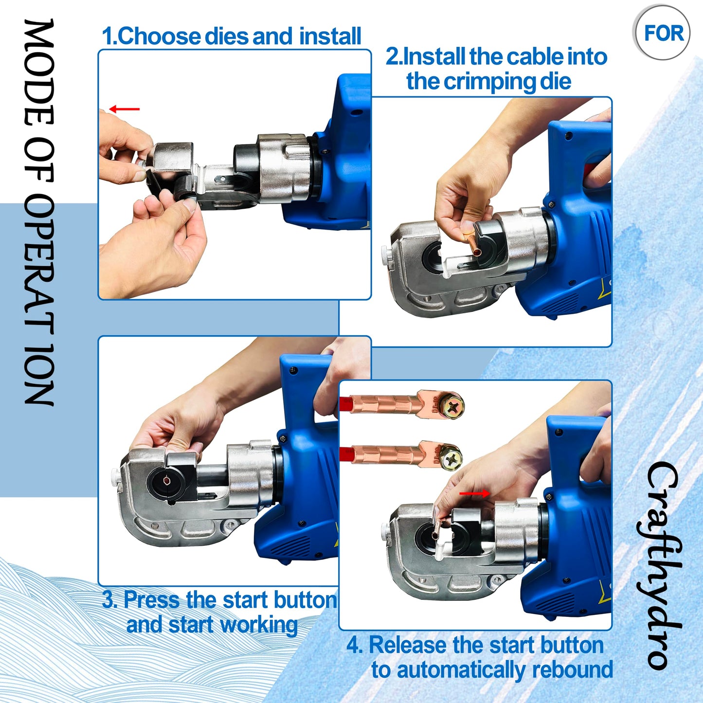 Hydraulic Crimping Tool 15Ton Electric Cable Lug Crimpers - 13 Dies (8AWG to 800MCM) Cable Wire Crimping Pliers Machine Kits with 2.8m Wire