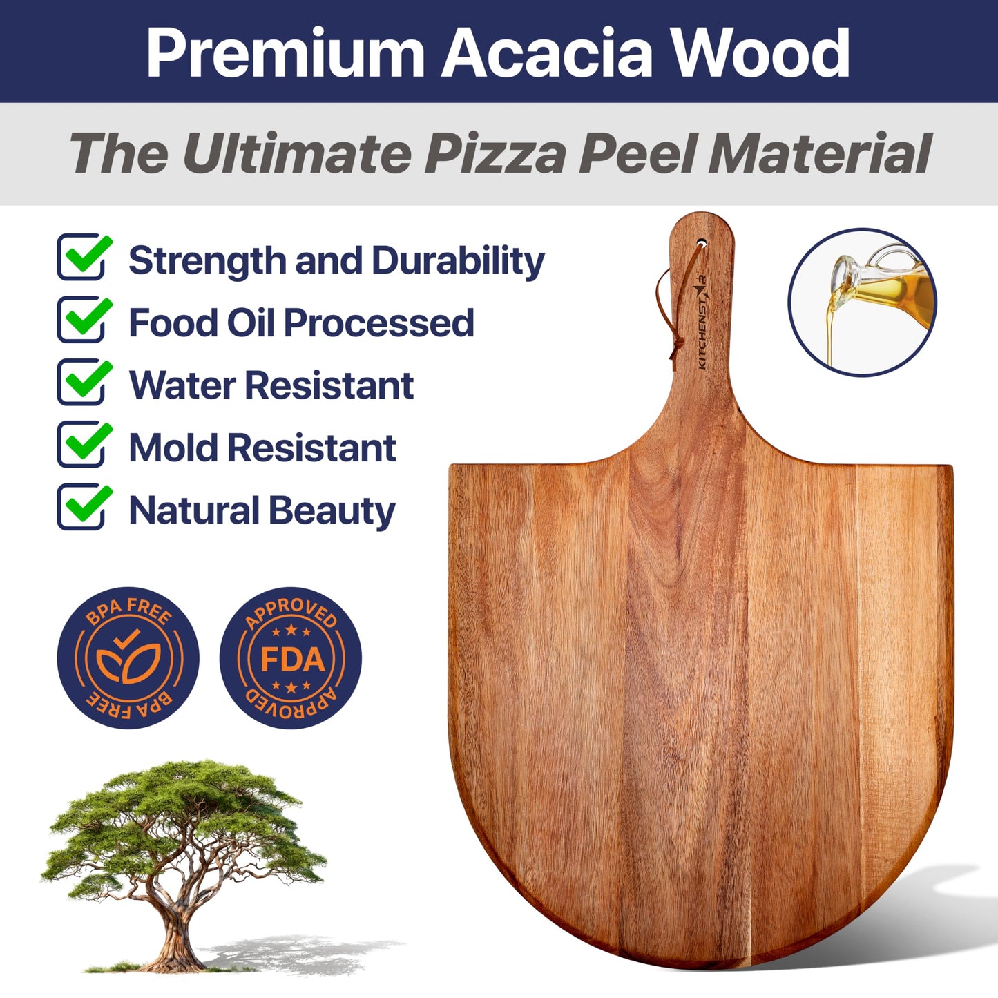 KitchenStar Pizza Cutter Rocker 18" + Acacia Wood Pizza Peel 16" + Pizza Stone for Oven and Grill 16" - Pizza Making Bundle
