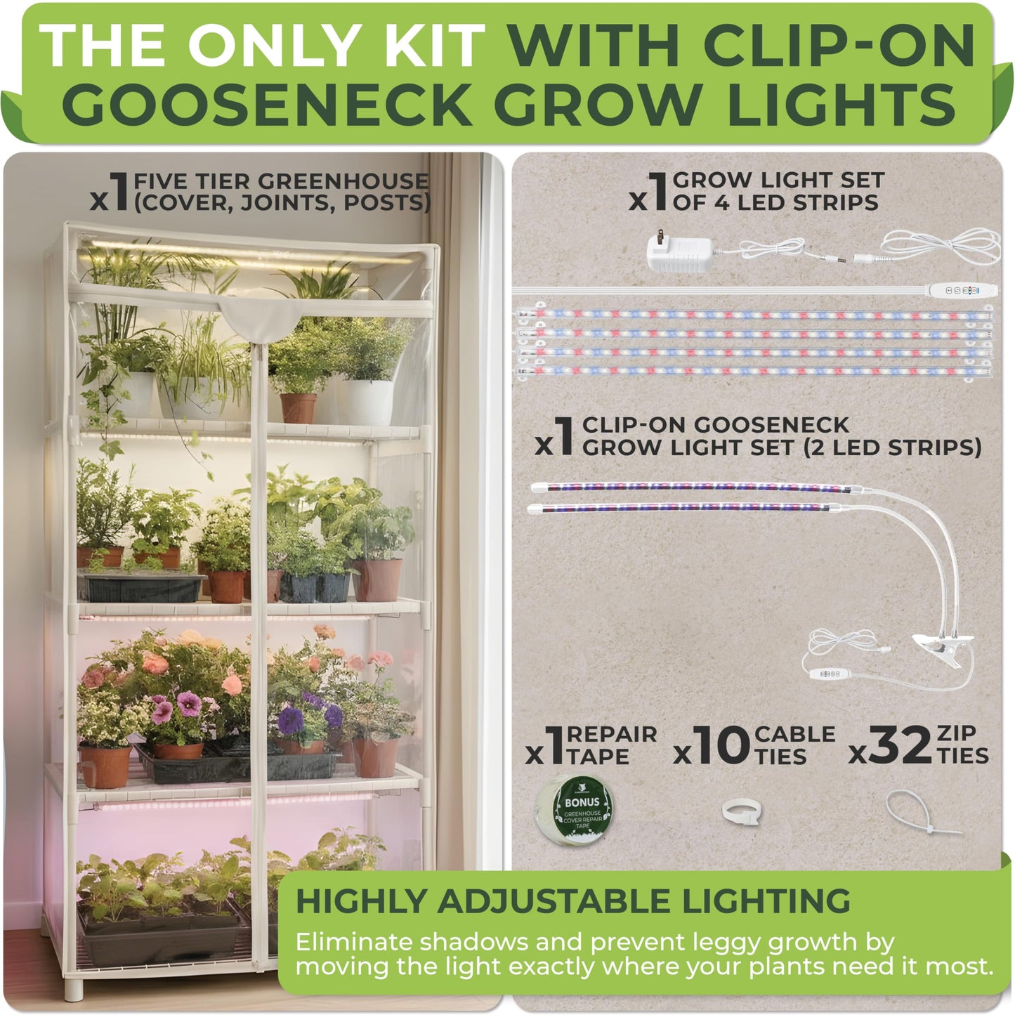 Carpathen Indoor Greenhouse with Grow Lights - 4 Tiers 27.2"L x 19.3"W x 54"H with 4 Dimmable 15W Full Spectrum LED Light Strips and 2 Gooseneck Clip-on Plant Lamp - Mini Greenhouse with Zip PVC Cover
