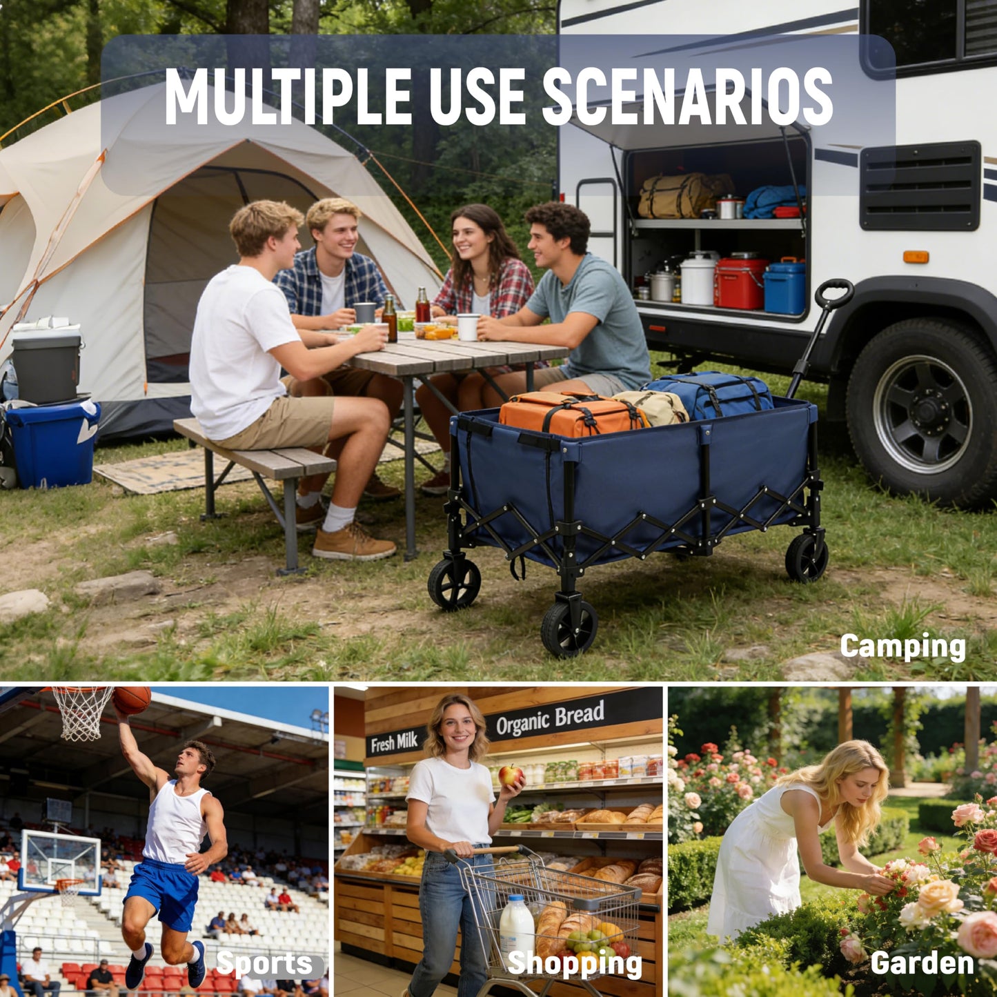Collapsible Wagon Cart with Extendable Storage - 5.8cu.ft Capacity, 300lbs Heavy Duty, Compact Foldable Utility Wagon Cart for Grocery Shopping, Outdoor, Camping, Picnic, Sports Event, Garden