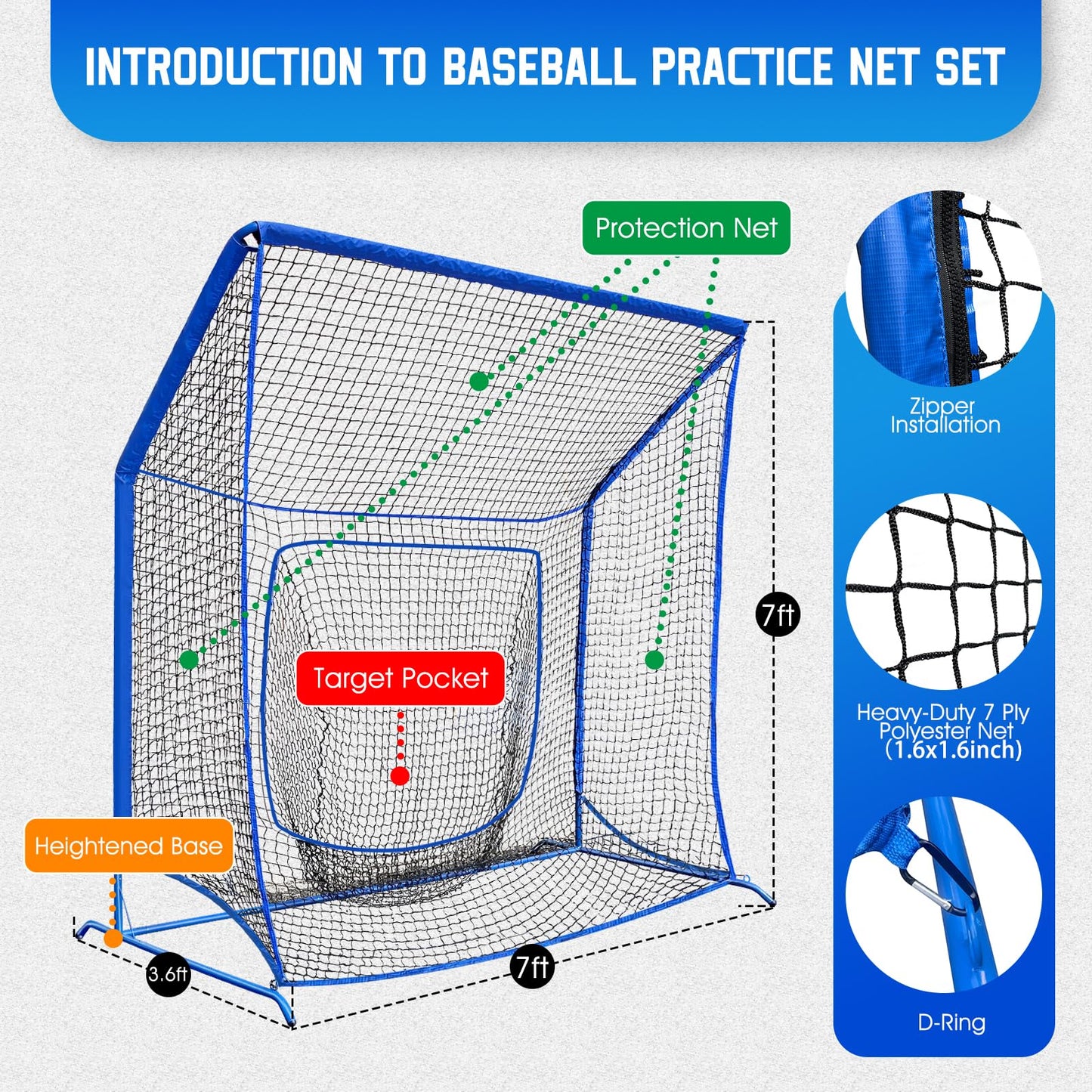 Baseball Softball Net with Blocking System, 7x7FT Practice Cage for Batting/Pitching/Fielding, Metal Frame with Elevated Base and Storage Bag for Backyard Outdoor Indoor