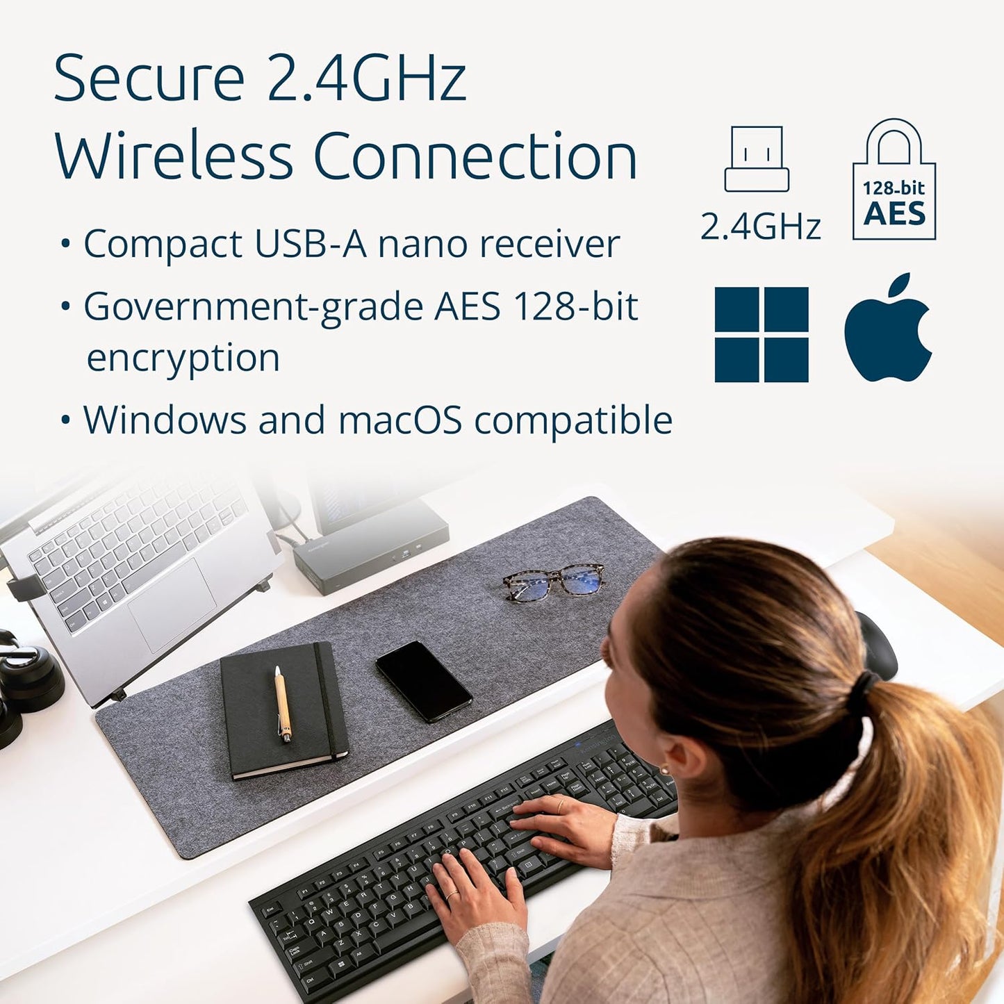 Kensington KB150 2.4GHz 104-key, (K75561NA) EQ Wireless Keyboard, Full Size, Wireless Connection, Spill-Proof, Black