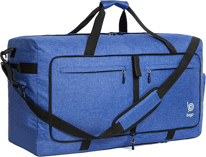 Bago Large Foldable Duffel Bags for Traveling Women & Men - 100L Packable Duffle Bag for Travel with Shoe Compartment - Water Repellant, Heavy Duty, Lightweight Folding & Collapsible (SnowDepBlue)