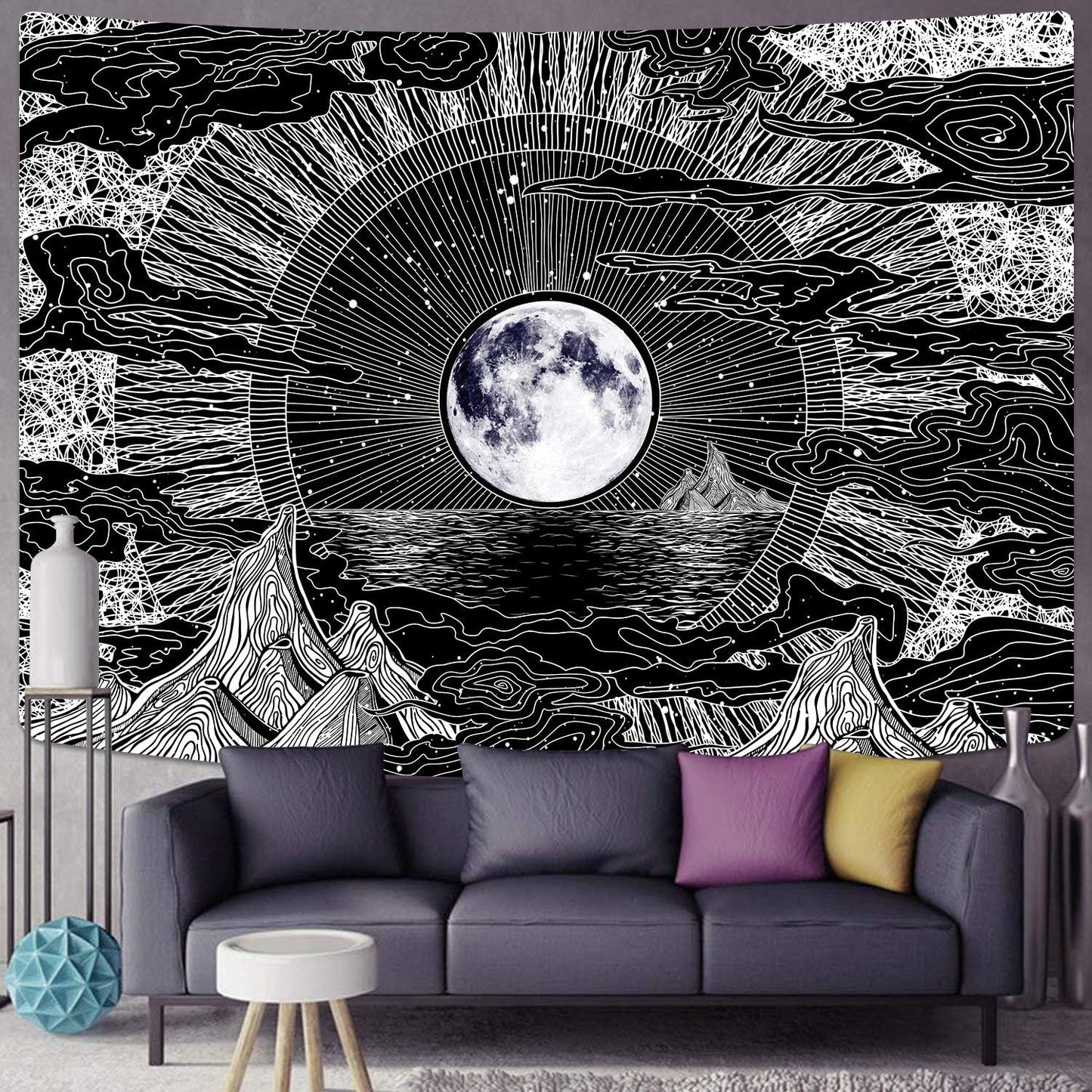 Sevenstars Psychedelic Mountain Tapestry - Moon & Star Clouds Design for Room Décor