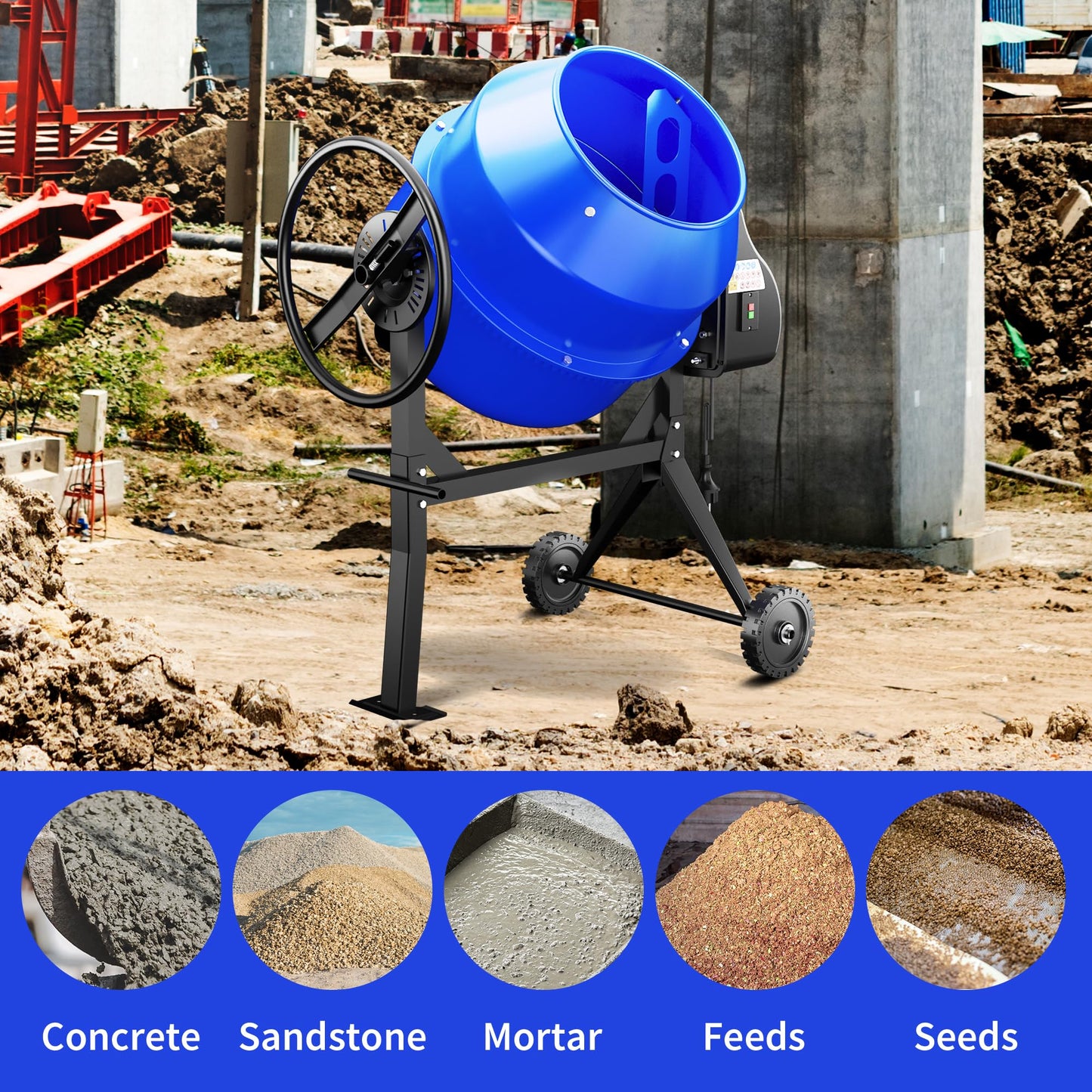 BSMTEK Electric Cement Mixer, 4.3 Cubic Ft. 450W Portable Concrete Mixer Machine with Stand And Wheels for Stucco, Mortar, Seeds, Blue-2026 Upgraded