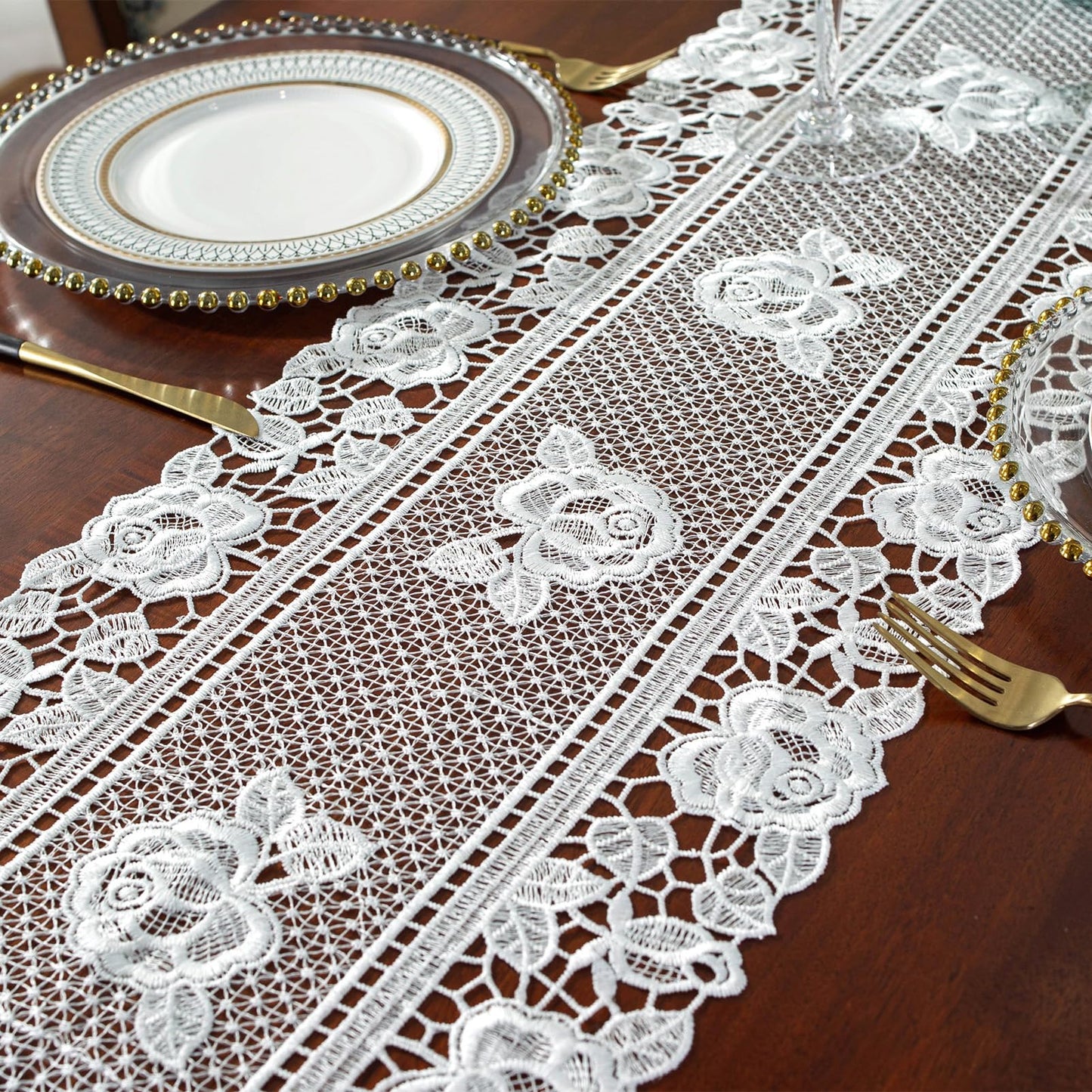 auons White Crochet Lace Table Runner Peony Floral Embroidered Table Dresser Scarf Rustic Table Decor for Home Wedding Bridal Shower Baby Shower Party, 12 x 72 Inch