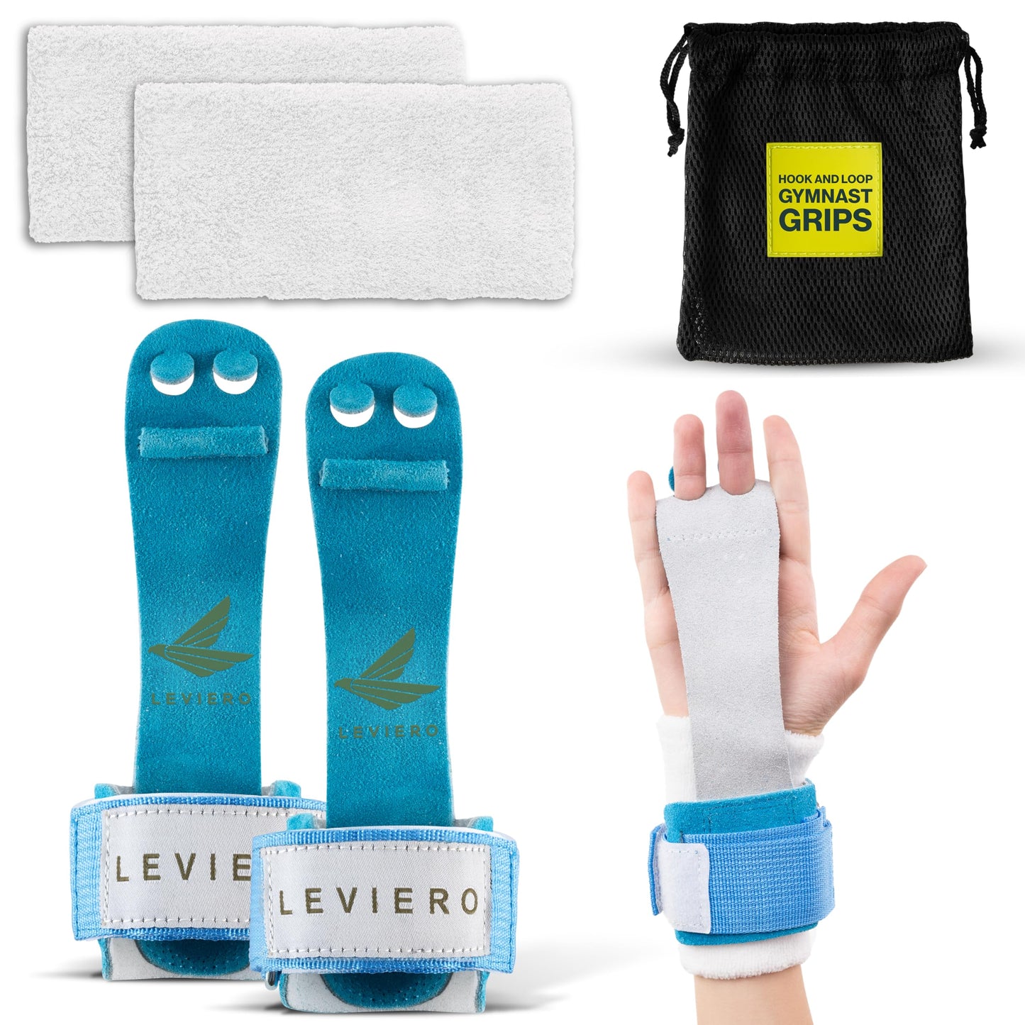 LEVIERO Gymnastics Grips Set Narrow Nippers, Grips for Gymnastics Girls, Dowel Grips with Soft Leather, Hook and Loop Wrist Straps, and Adjustable Finger Holes, for All Ages - (Aqua, 00)