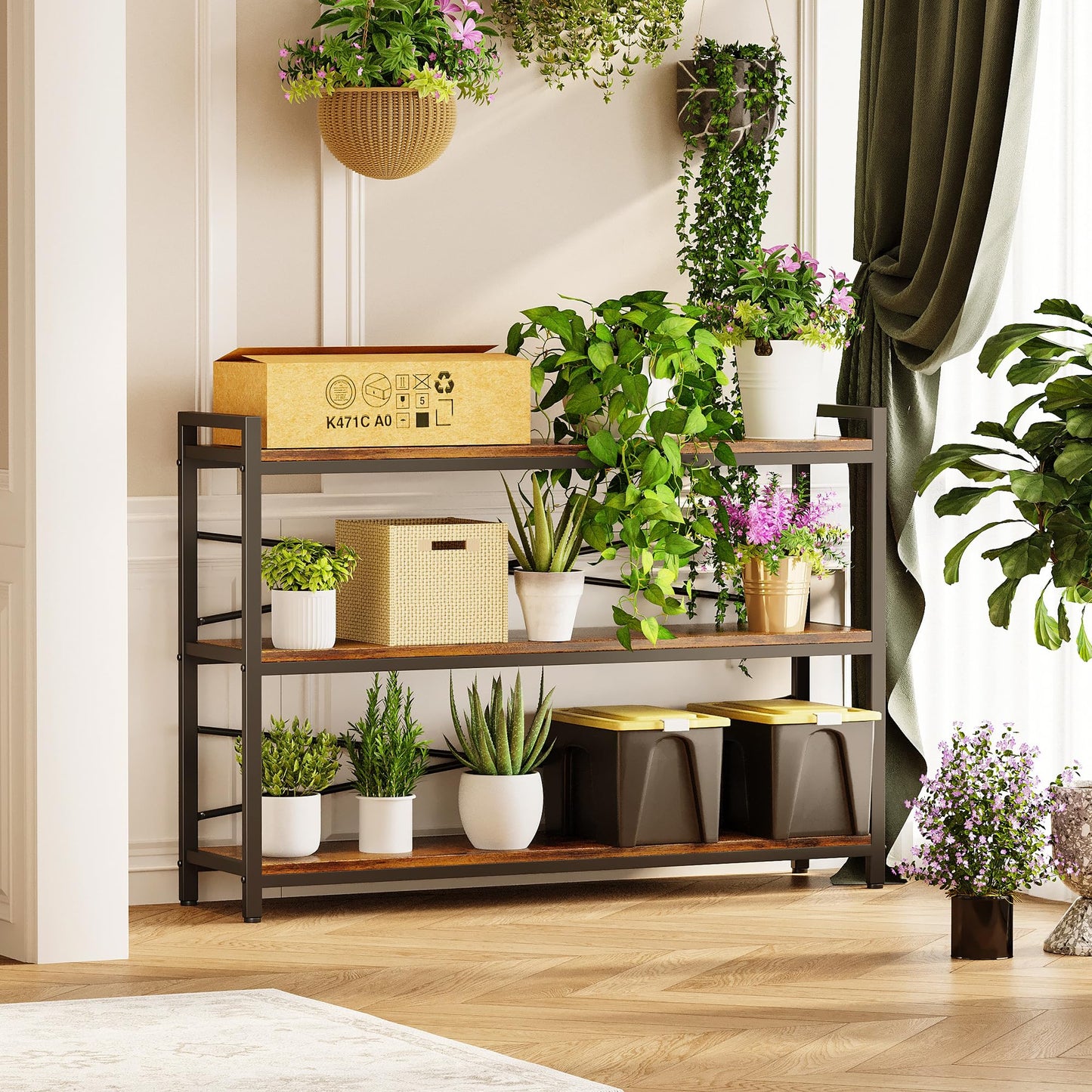 3 Tier Bookcase 47.24" Width, Long Industrial Book Shelf, Vintage Wooden Large Book Shelf for Home Living Room Bedroom Office Storage(Vintage)