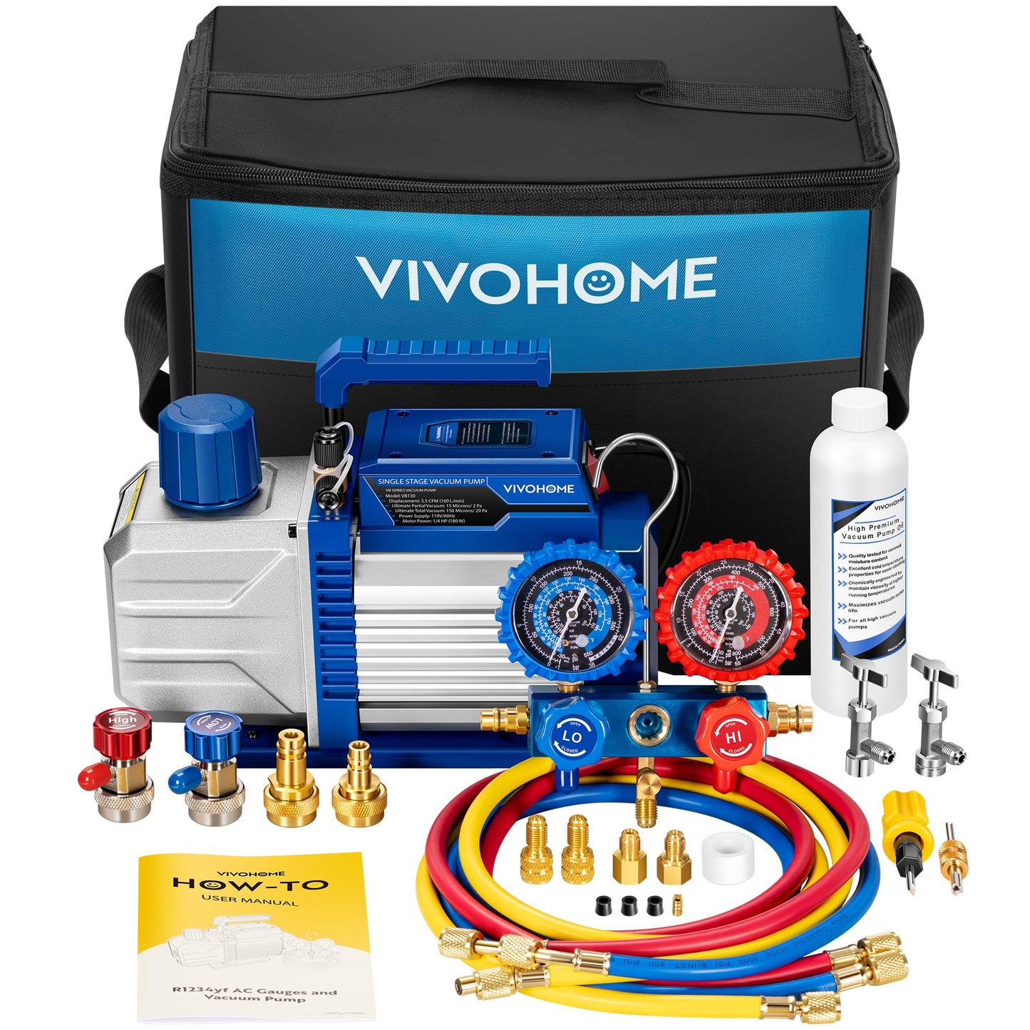 VIVOHOME 110V 1/4 HP 3.5CFM Single Stage HVAC Vacuum Pump and AC Manifold Gauge Kit, Sparkless Motor for R32 R1234yf R454B R134a R22 R410a Systems, Automotive Air Conditioner Maintenance