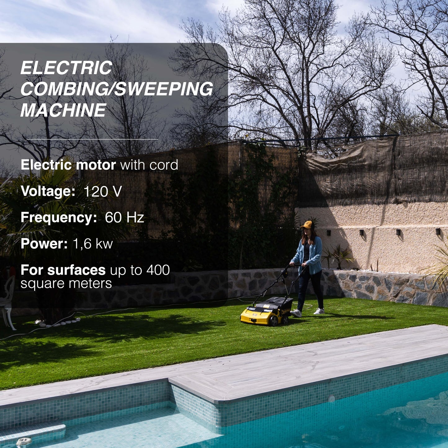Artificial Turf Sweeper by Roll & Comb, Corded Electric Turf Comb for Synthetic Grass, 16" Working Width, 40L Leaf Collector, 1,600W Motor, Model 502e, 39.5lb