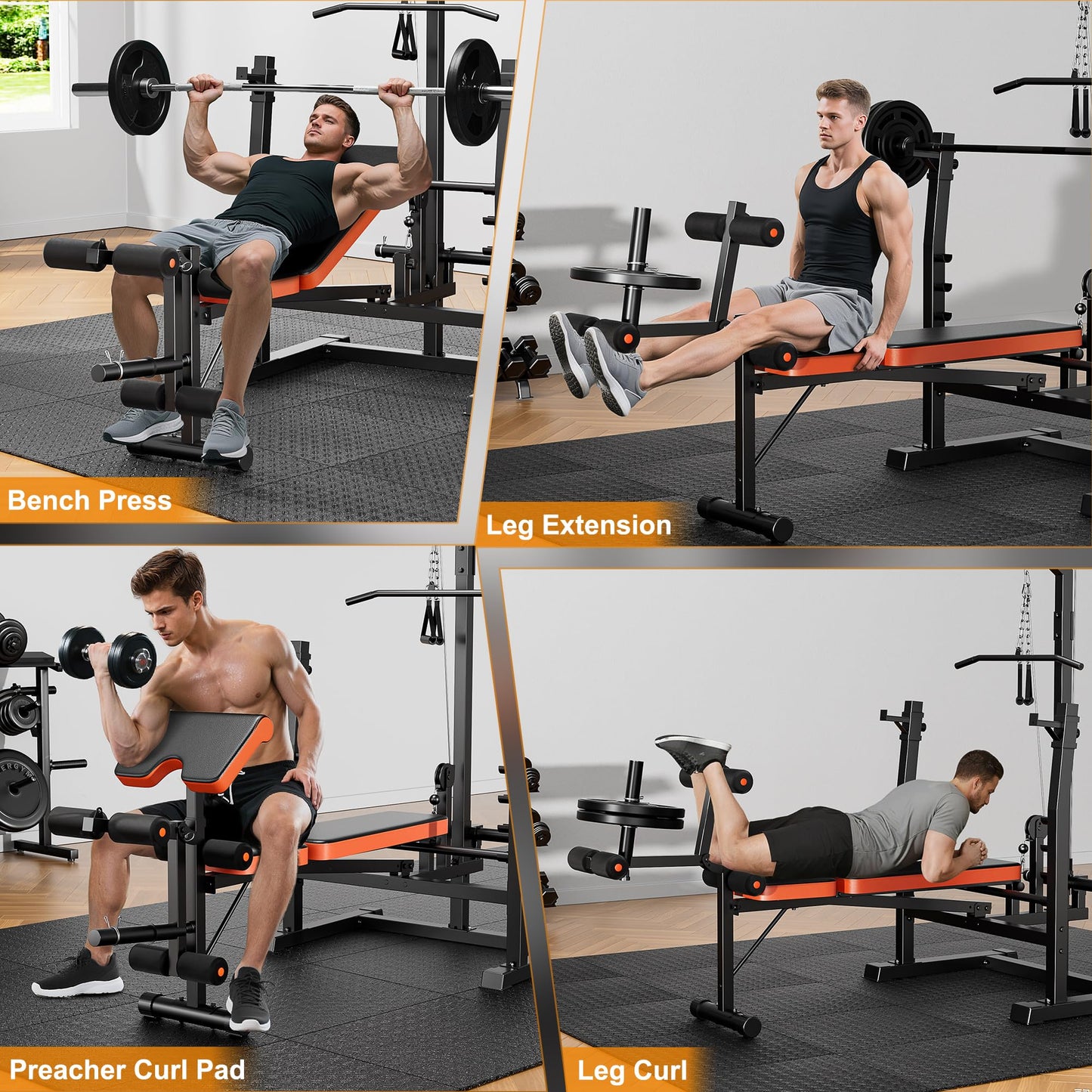 XDDIAS Weight Bench, 9 in 1 Olympic Weight Bench Set with LAT Pulldown and Rowing, 900LBS Bench Press Set with Leg Extension and Preacher Pad, Flat Incline Bench with Weight Plates
