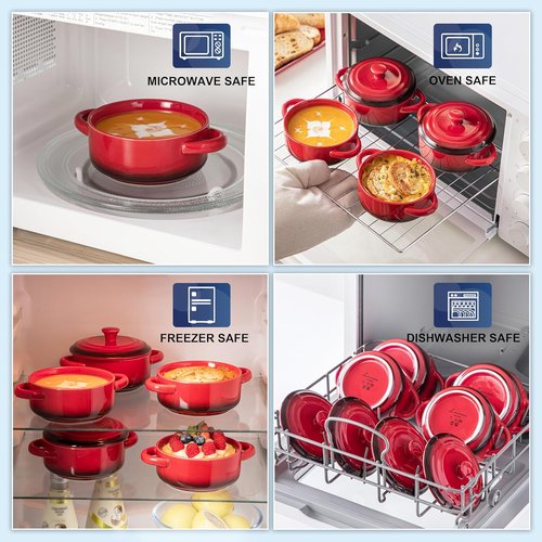 LOVECASA Mini Cocotte Set - 12 OZ Casserole Dishes with Lids | Oven & Microwave Safe, Set of 4, Red