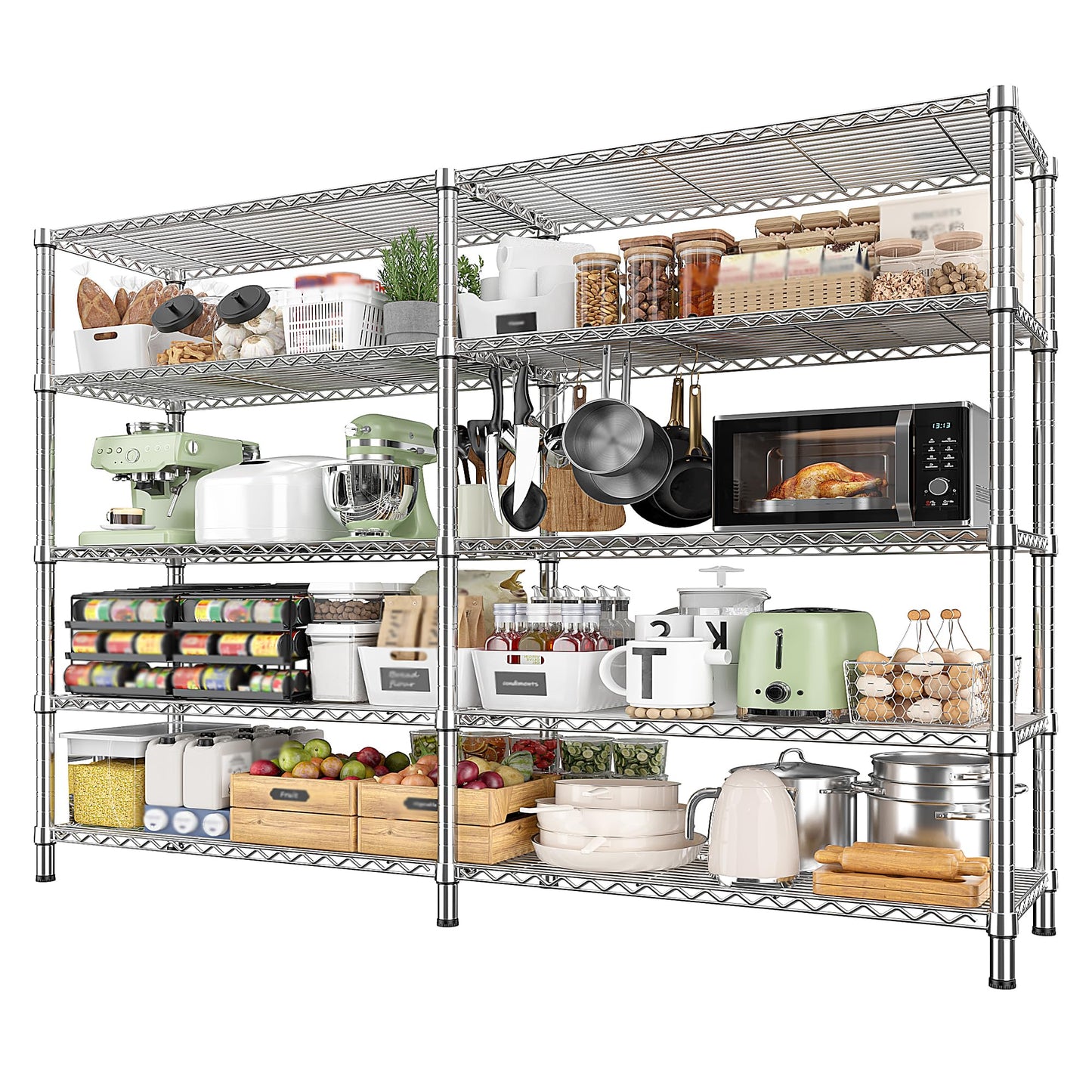 REIBII 1500LBS Storage Shelves 61.7''W Wire Shelving Unit 5 Tier Metal Shelving for Storage Rack Shelves Heavy Duty Garage Shelf Pantry Shelves Kitchen Shelving, 61.7" W*72.4" H*15.8" D, Chrome