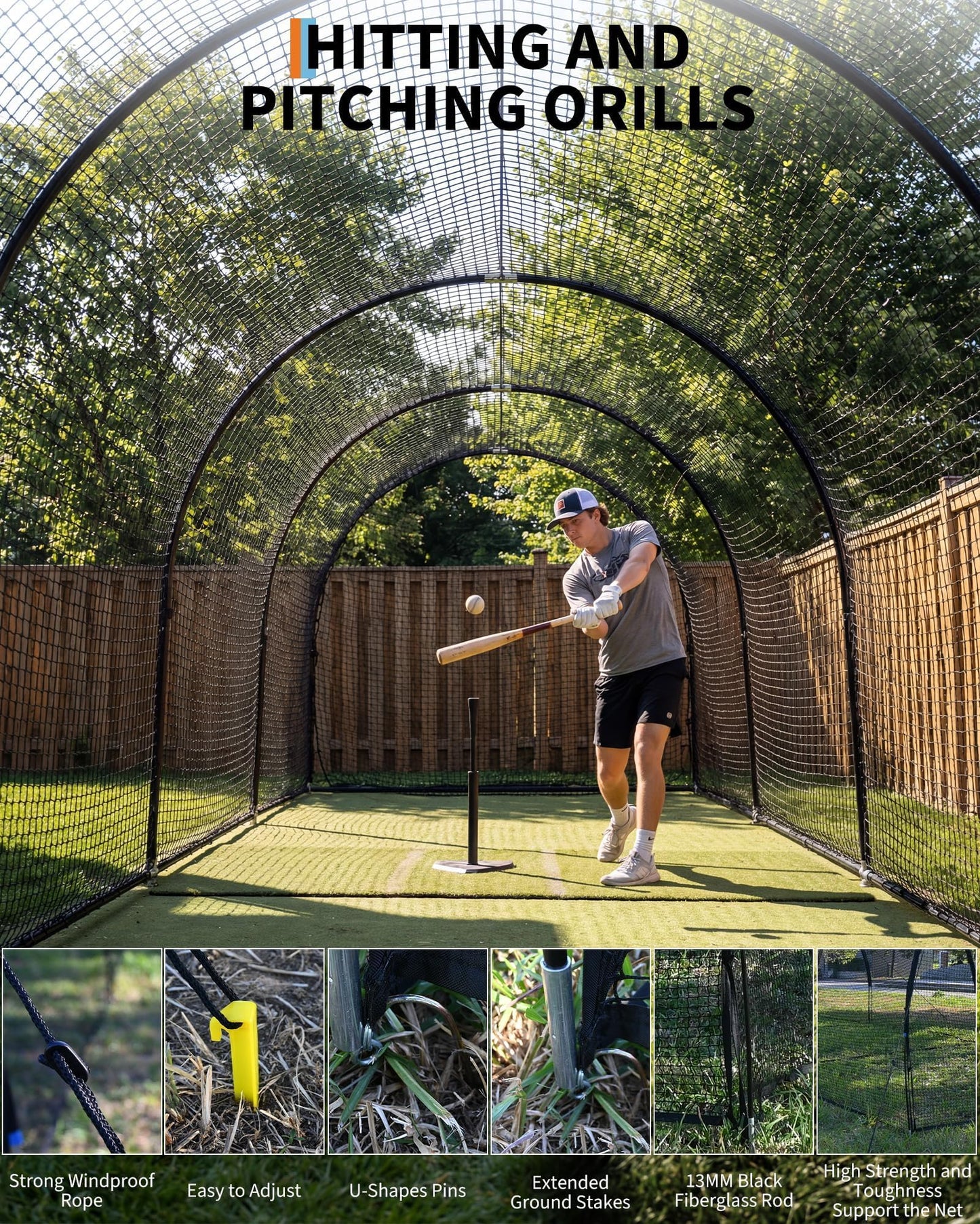 32 X 12 x 8 Ft Baseball Batting Cage, Large Baseball Training Equipment for Backyard, Portable Softball Netting Cages with Frame, Pitching Machine Hole & Detachable Door –for Hitting Pitching Practice