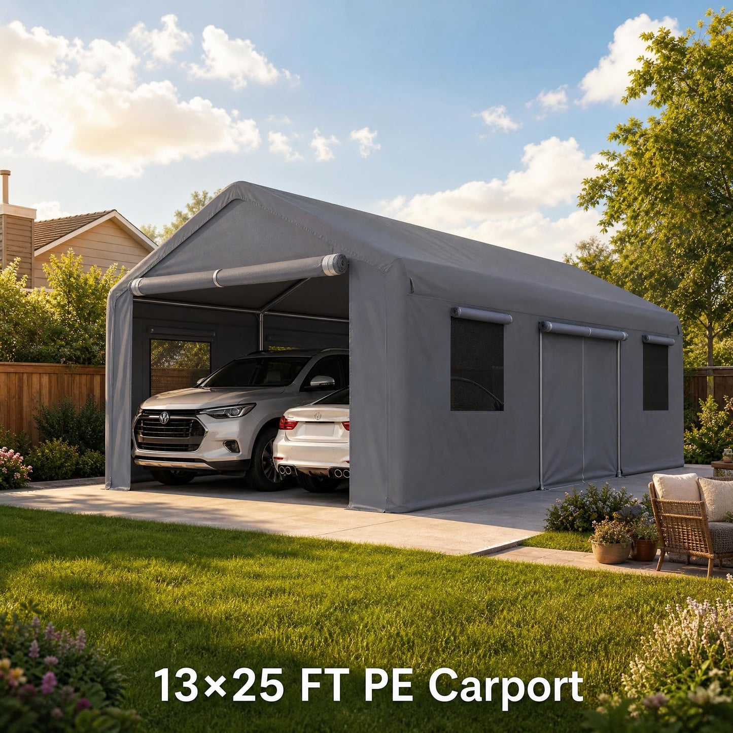 Takywep 13x25 FT Carport Canopy, Heavy Duty PE Car Shelter with Reinforced Steel Frame, Waterproof Outdoor Car Canopy for Vehicle, SUV, Truck, Boat, RV Parking, Gray