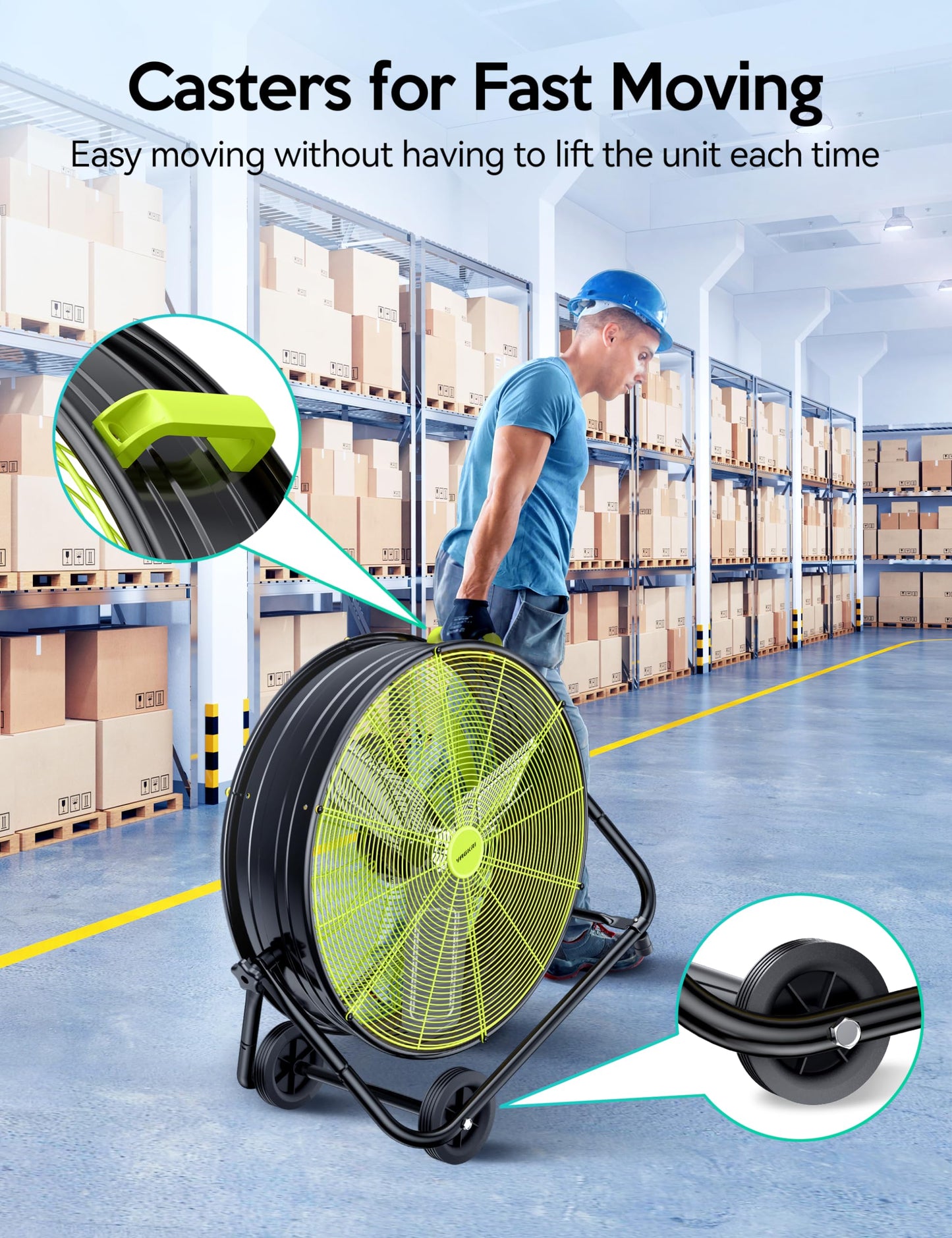 VAGKRI 24 Inch Industrial Drum Fan, 320W High Velocity Floor Fan, 3 Speed Heavy Duty Metal Air Circulator, 360° Tilt with Casters Handle ETL Standard for Patios, Warehouse, Commercial,Basement (Green)