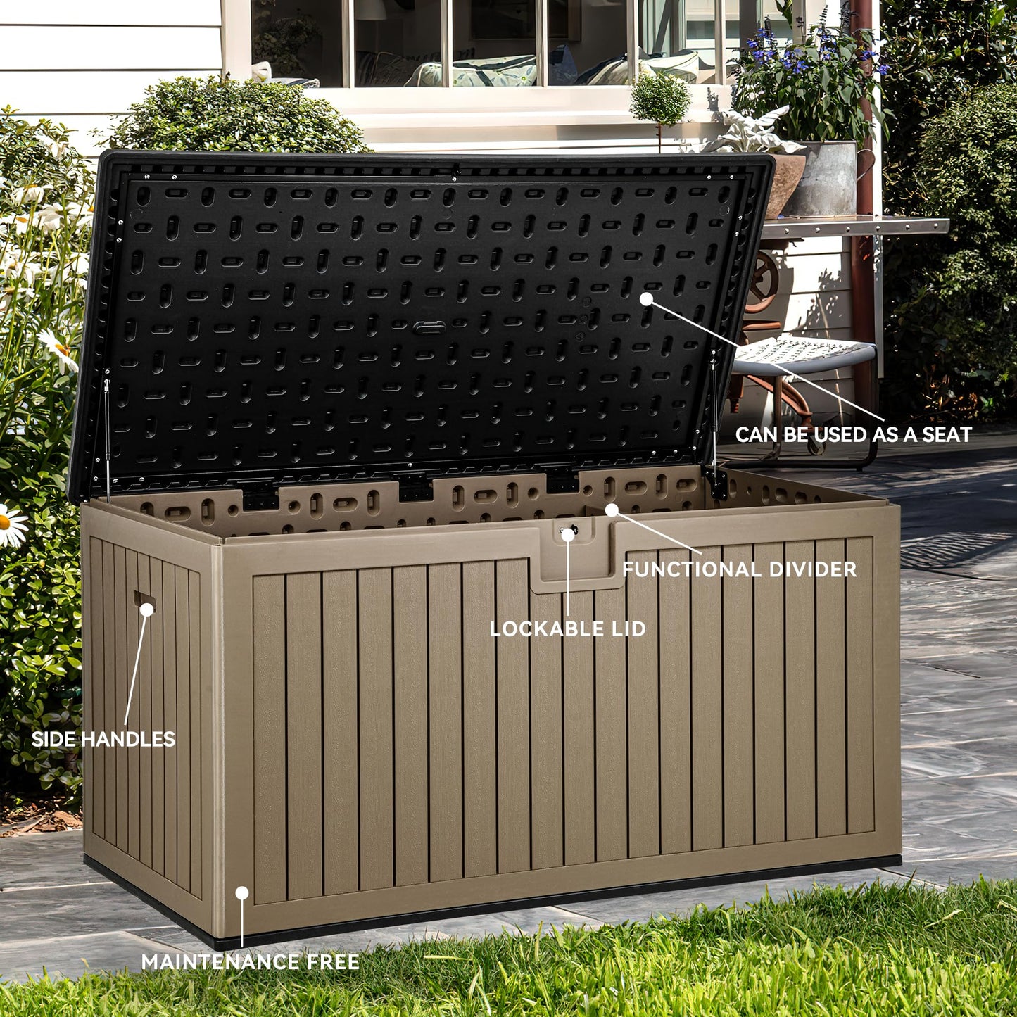 YITAHOME XXL 260 Gallon Large Deck Box,Outdoor Storage for Patio Furniture Cushions,Garden Tools and Pool Equipment with Flexible Divider,Waterproof,Lockable (Black&Brown)
