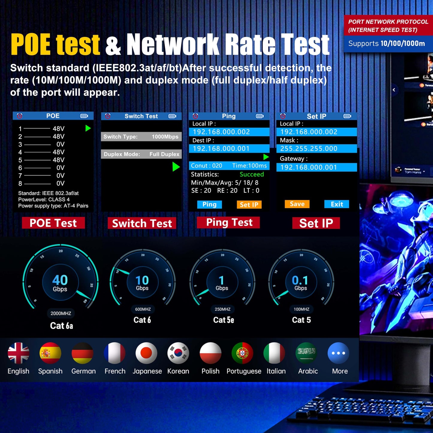 NF-859GK Network Cable Tester TDR Multi-Function with lP Scan CAT5 CAT6 CAT7 PING/POE/RJ45 RJ11 Cable TonerTester for Phone Lines CAT3, Ethernet,Wire Tracer LAN Network Tool Fiber Optic Continuity