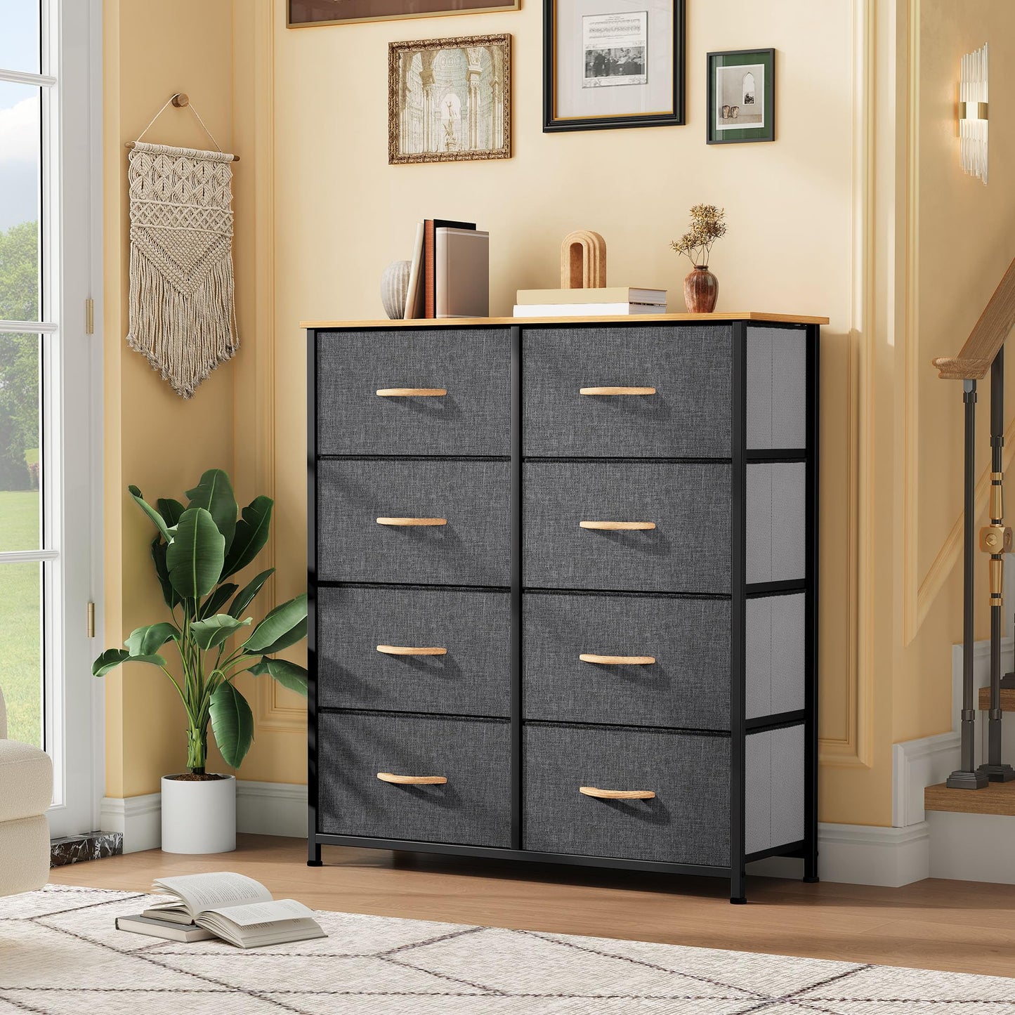 DWVO 9 Drawers Dresser for Bedroom, Fabric Storage Tower for Living Room, Entryway - Sturdy Steel Frame, Wooden Top & Easy Pull Fabric Bins