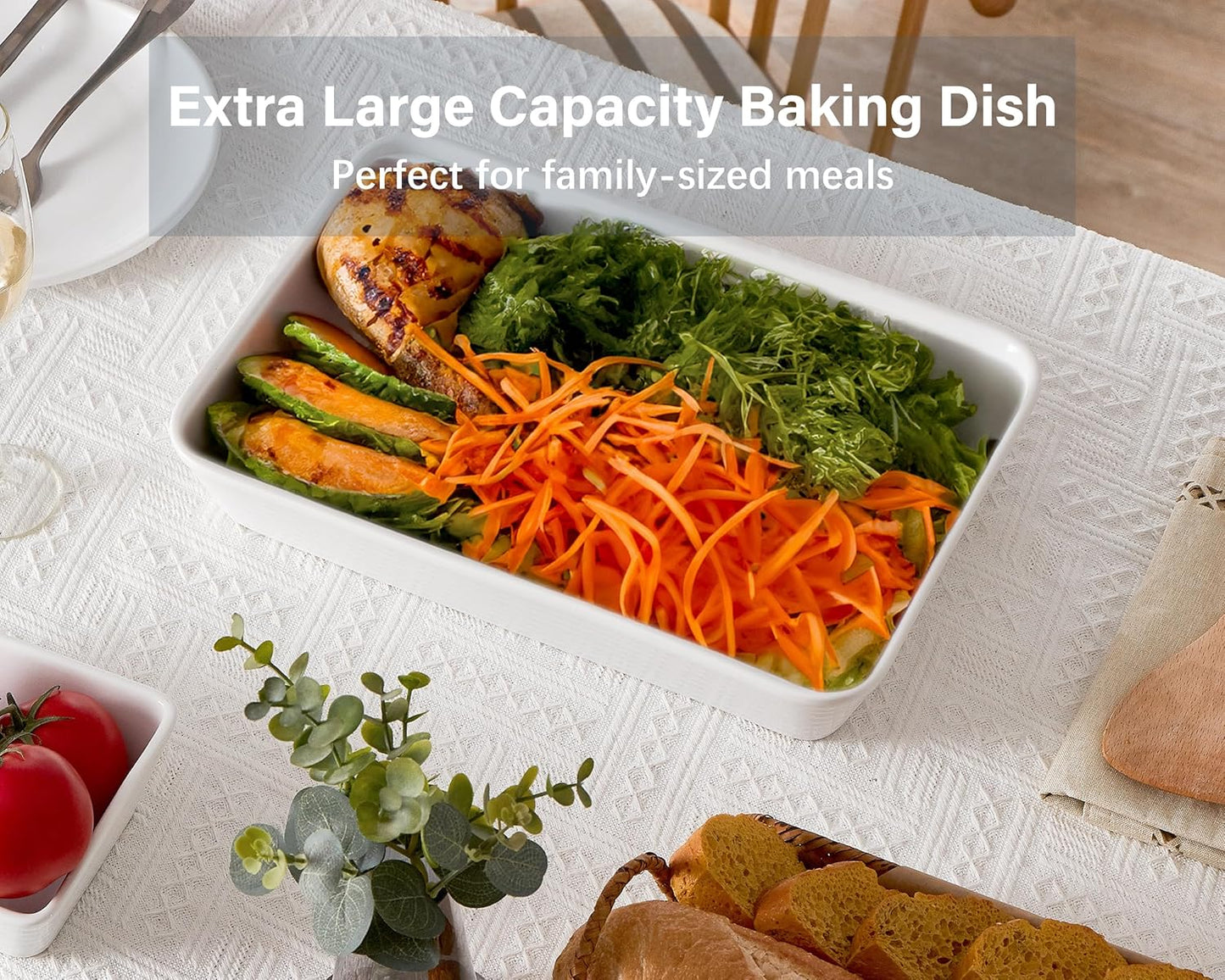 ONEMORE Ceramic Baking Dish - 9x13 Large Rectangular Casserole Pan for Lasagna & Family Meals - Ribbed White Bakeware