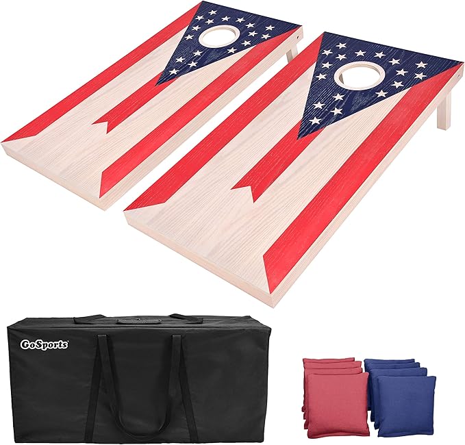 GoSports 4 x 2 ft Flag Series Wood Cornhole Sets – American Flag or State Flags – Includes 2 Regulation Size Boards, 8 Bean Bags, Carrying Case and Rules