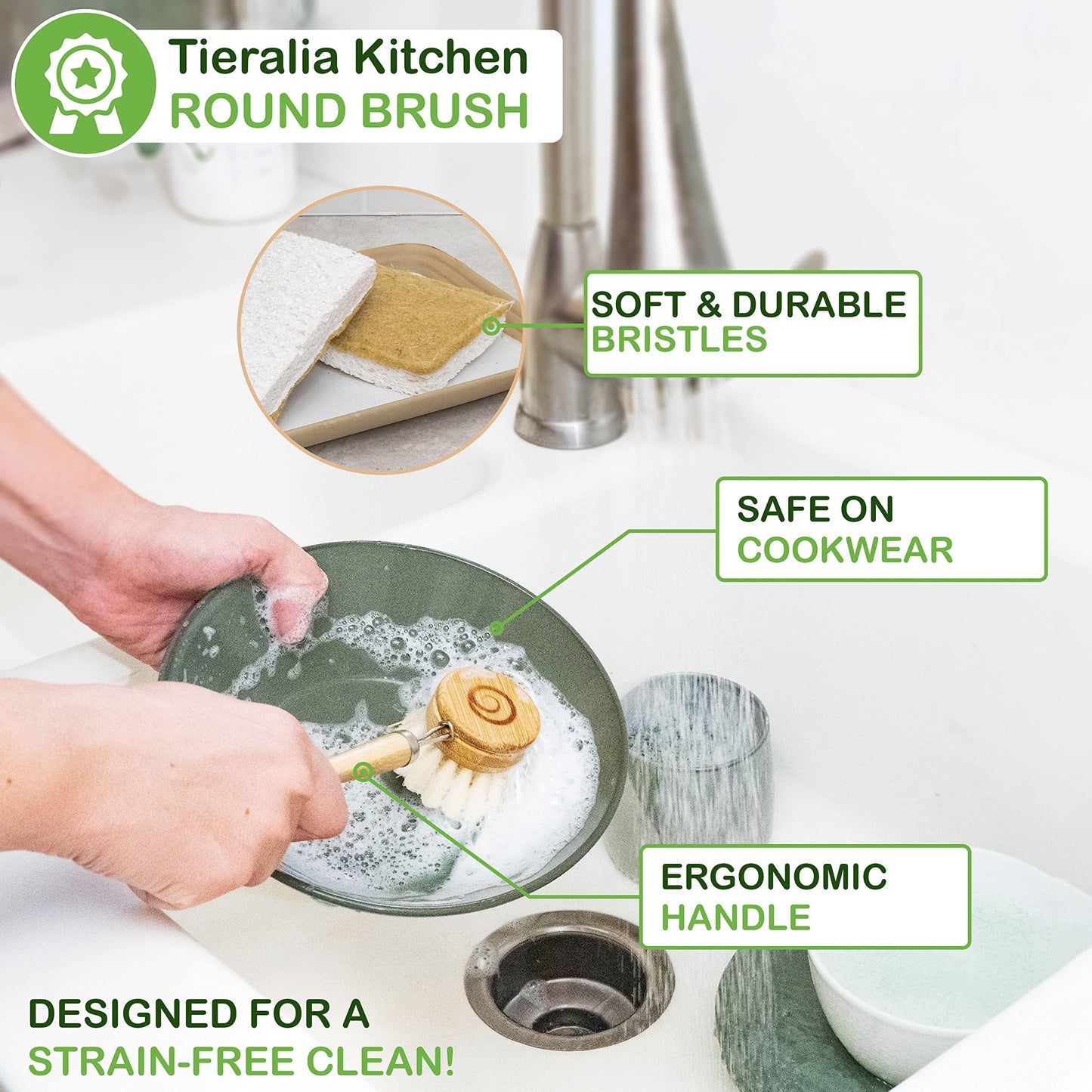 Tieralia Bamboo Dish Brush Gift Set – 5-Piece Kitchen Cleaning Set with Bottle Brush, Round Scrub Brush, Palm Brush & 2 Plant-Based Sponges | Wooden Handle Cleaning Tools for Dishes & Surfaces
