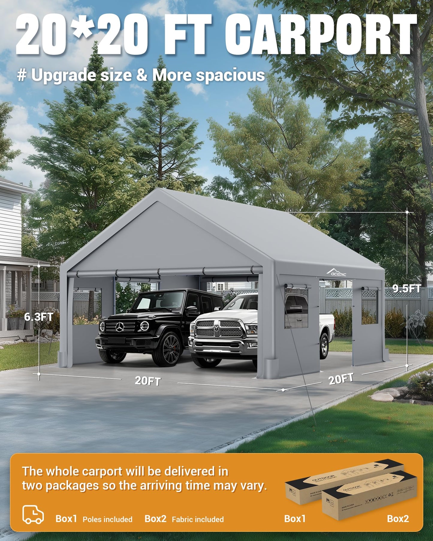 Acepic Upgraded 20x20 Heavy Duty Carport, Features Roll-up Windows & Doors, Portable Garage with UV Resistant Waterproof All-Season Tarp for Car, Truck, Boat