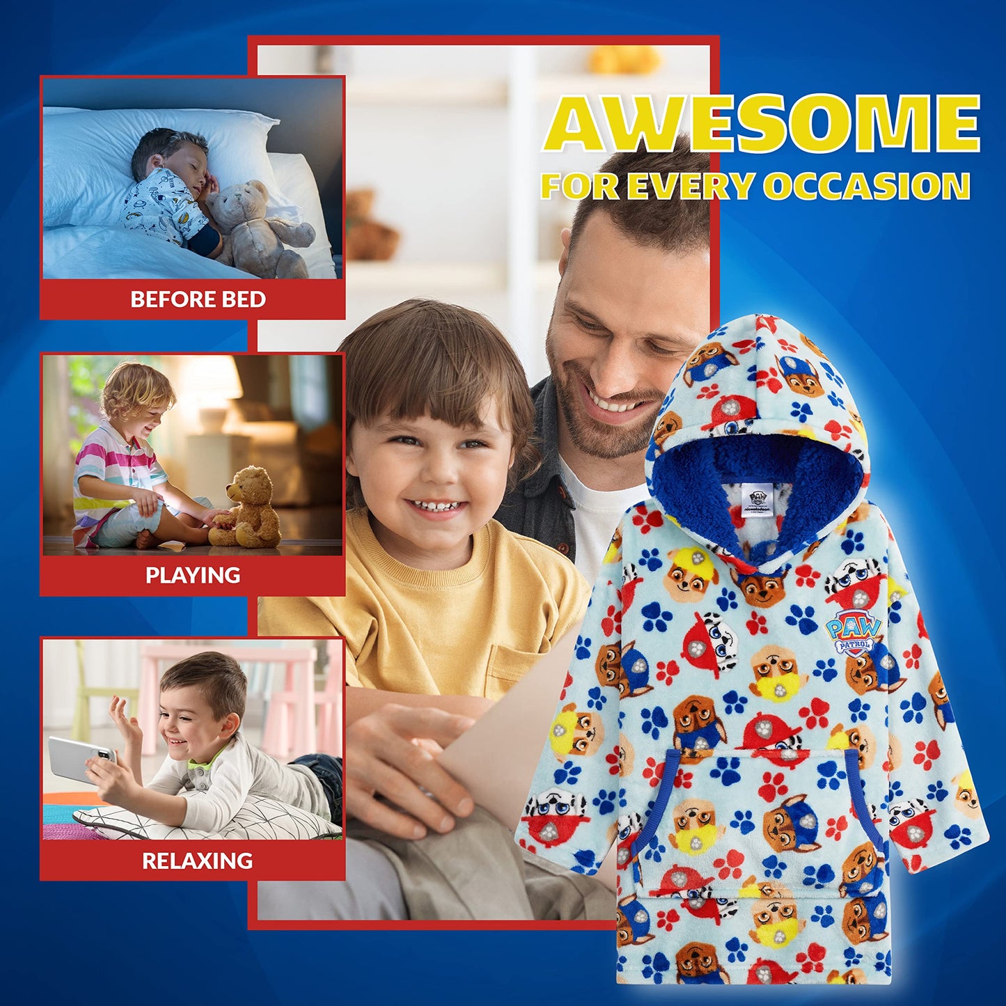 Paw Patrol Blanket Hoodie for Kids Toddlers, Fleece Wearable Blanket with Sherpa Hood, Marshall Rubble Chase Gifts for Kids (Blue, 2-4 Years)