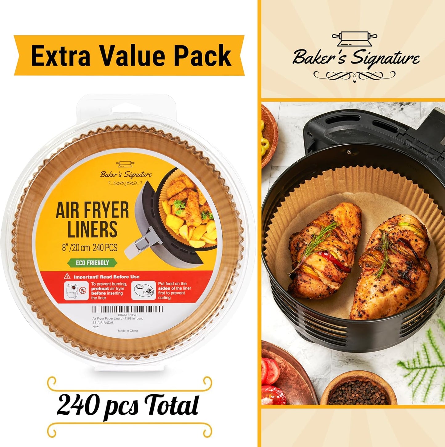 Baker's Signature 250 Pcs Air Fryer Liners - Round Non-Stick & Oil Proof for Easy Cleanup | 8 Inch for 5-8 Qt Baskets