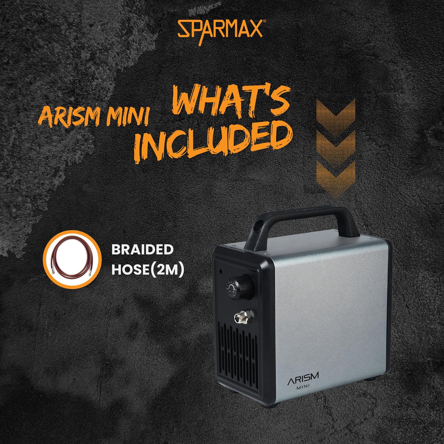 SPARMAX ARISM Mini Airbrush Compressor – Compact, Quiet, Oil-Free Air Compressor with Adjustable Pressure, Built-in Holder, Braided Hose – Portable for Art, Makeup, Nail Design & More