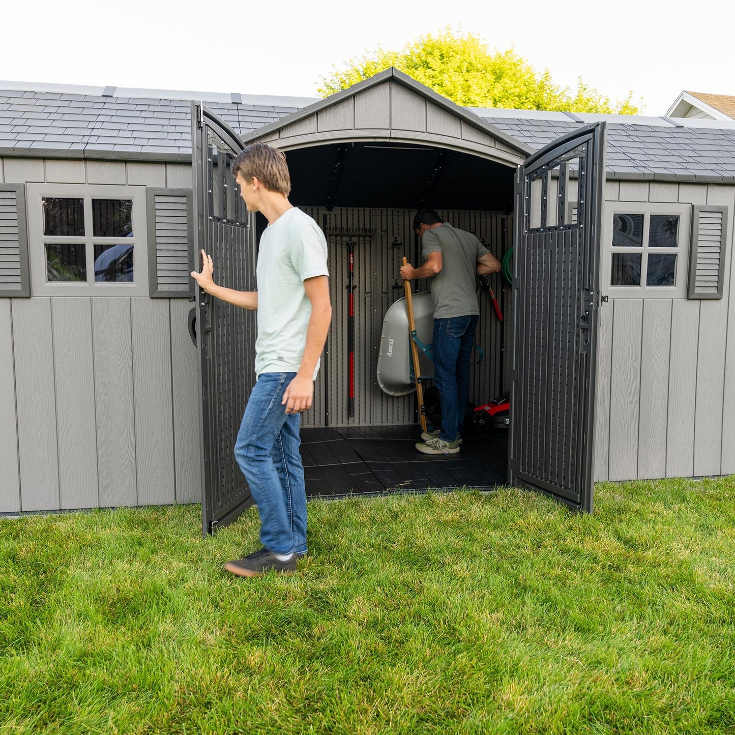 Lifetime 20x8 Ft Outdoor Storage Shed, Gray HDPE Construction, Steel-Reinforced Walls, Dual-Entry Design with Lockable Doors, Skylights, Adjustable Shelving System, Snow Load Kit Included