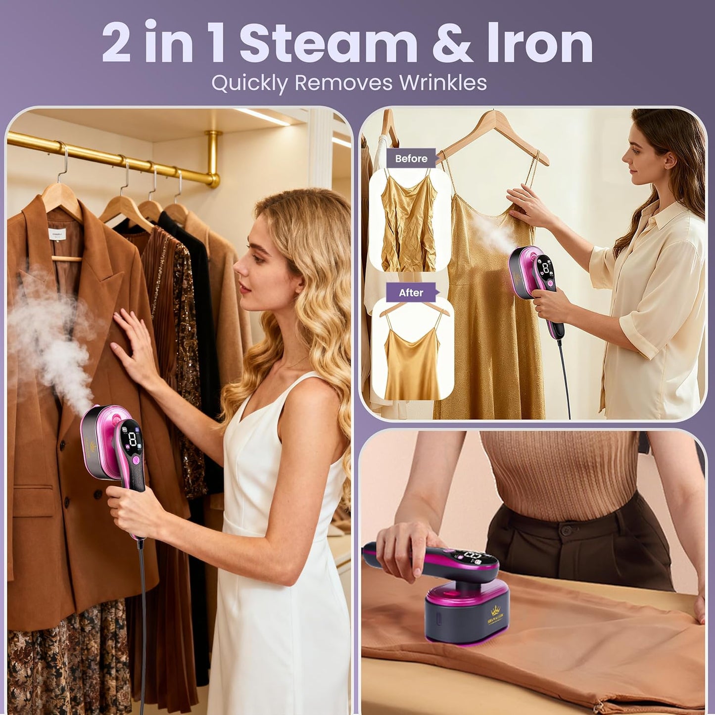 Skiennix Travel Steamer - 2-in-1 Clothes Iron with Fast Heat-Up, 4 Modes, 100ml Tank | Pink