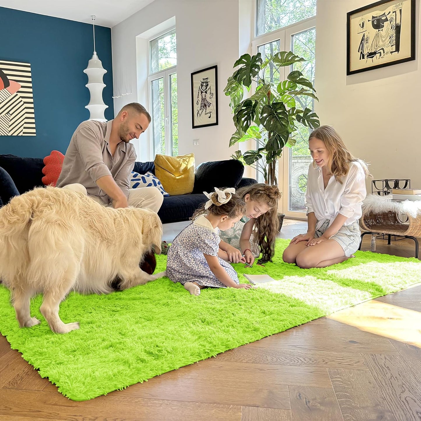 OLANLY 3x5 Machine Washable Bedside Rug - Soft Fluffy Shaggy Carpet for Kids & Nursery | Lime Green